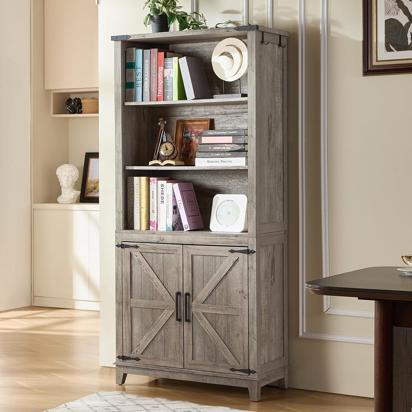 70in Tall Bookshelf 5 Tier Bookcase with Barn Doors and Adjustable Shelves, Grey Farmhouse Book Shelf with Storage Cabinet, Wood Freestanding Display Bookshelves for Bedroom, Kitchen (2PCS)