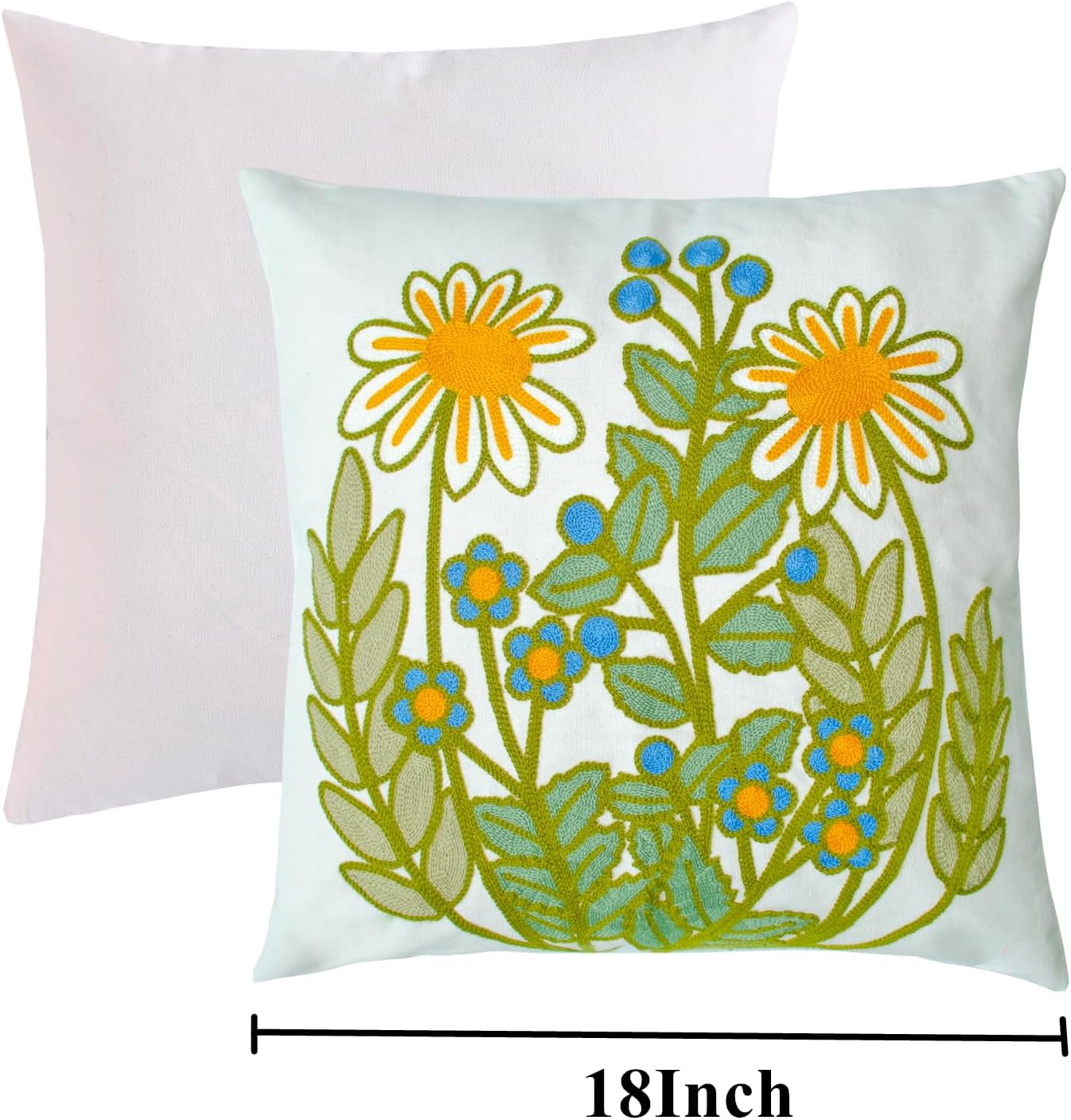 Embroidered Decorative Throw Pillow Cover, 18"x18" Set of 2, Farmhouse Pillowcase Daisy Knit Pattern Cotton Canvas Cushion Case Square Floral Pillow Case for Sofa Couch Bed Living Room…