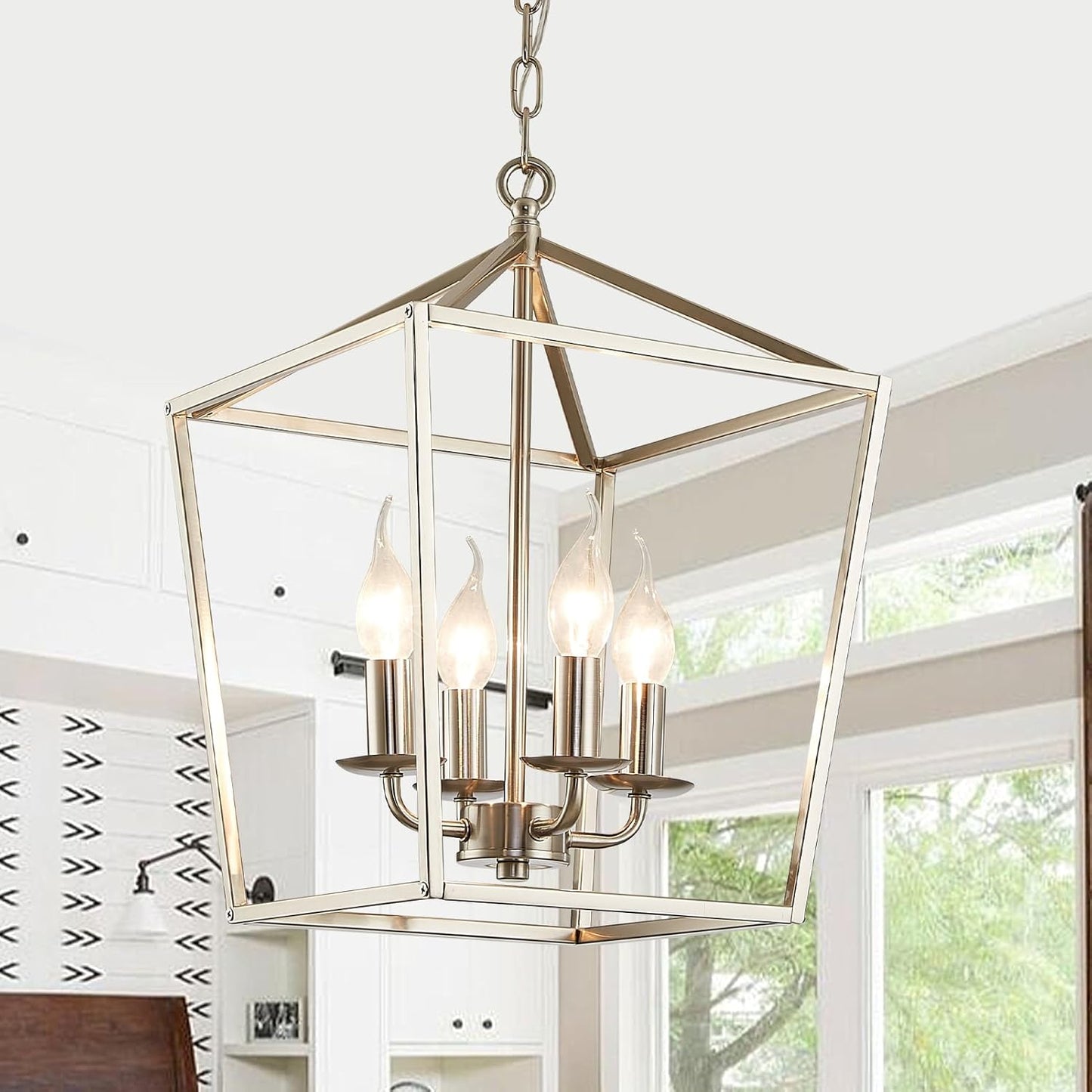 4-Light Brushed Nickel Farmhouse Chandelier, 12" Industrial Ceiling Light Lantern Pendant Light with Metal Cage Adjustable Height Rustic Hanging Light E12 Base for Kitchen Island Dining Room Entryway