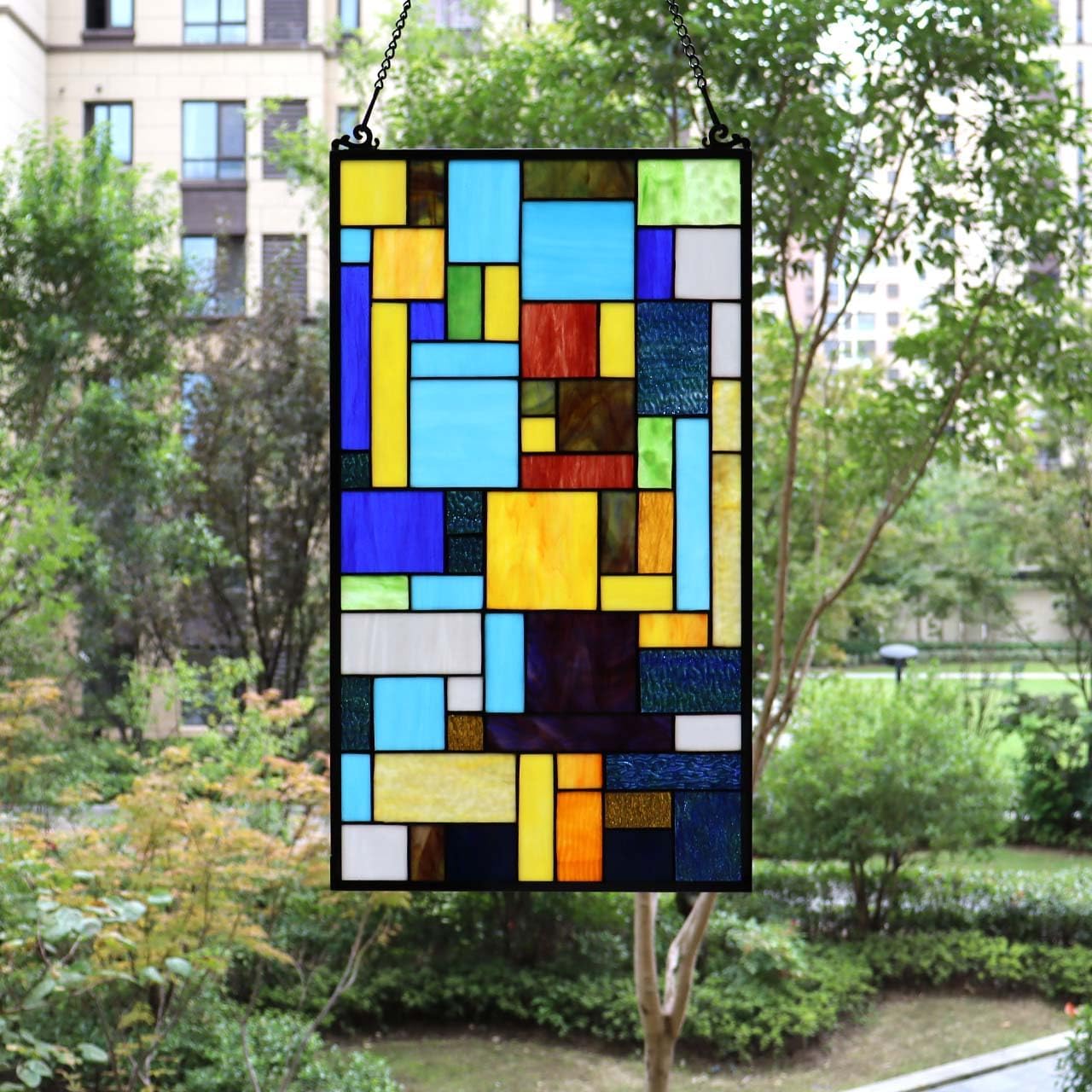 Bieye Geometric Color Block Tiffany Style Stained Glass Window Panel with Hanging Chain (13x24 inches W10090)