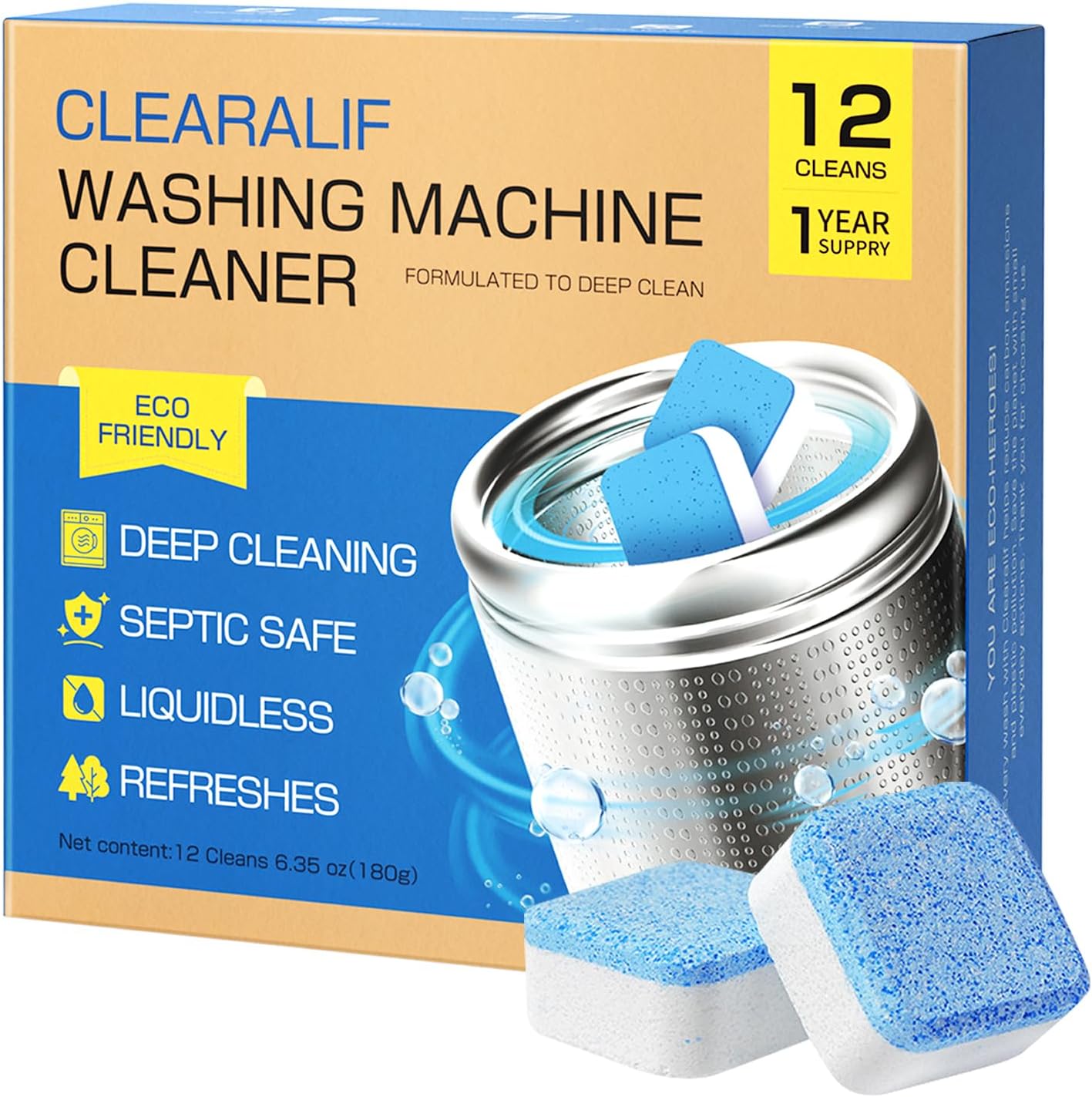 CLEARALIF Washing Machine Cleaner 12 Pack,1 Year Supply, Clean Inside Drum and Laundry Tub Seal, Washing Machine Cleaner Tablets For HE Front Loader & Top Load Washer