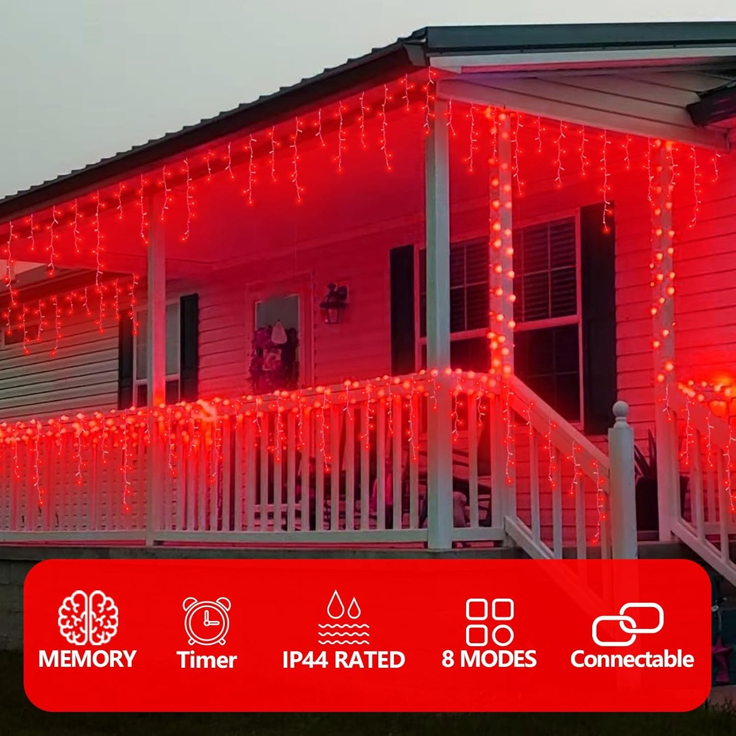 QITONG Red Halloween Lights for Outside, 33ft 400 LED Icicle Light with 8 Modes, 80 Drops Clear Wire Connectable Christmas Lights Indoor Plug in