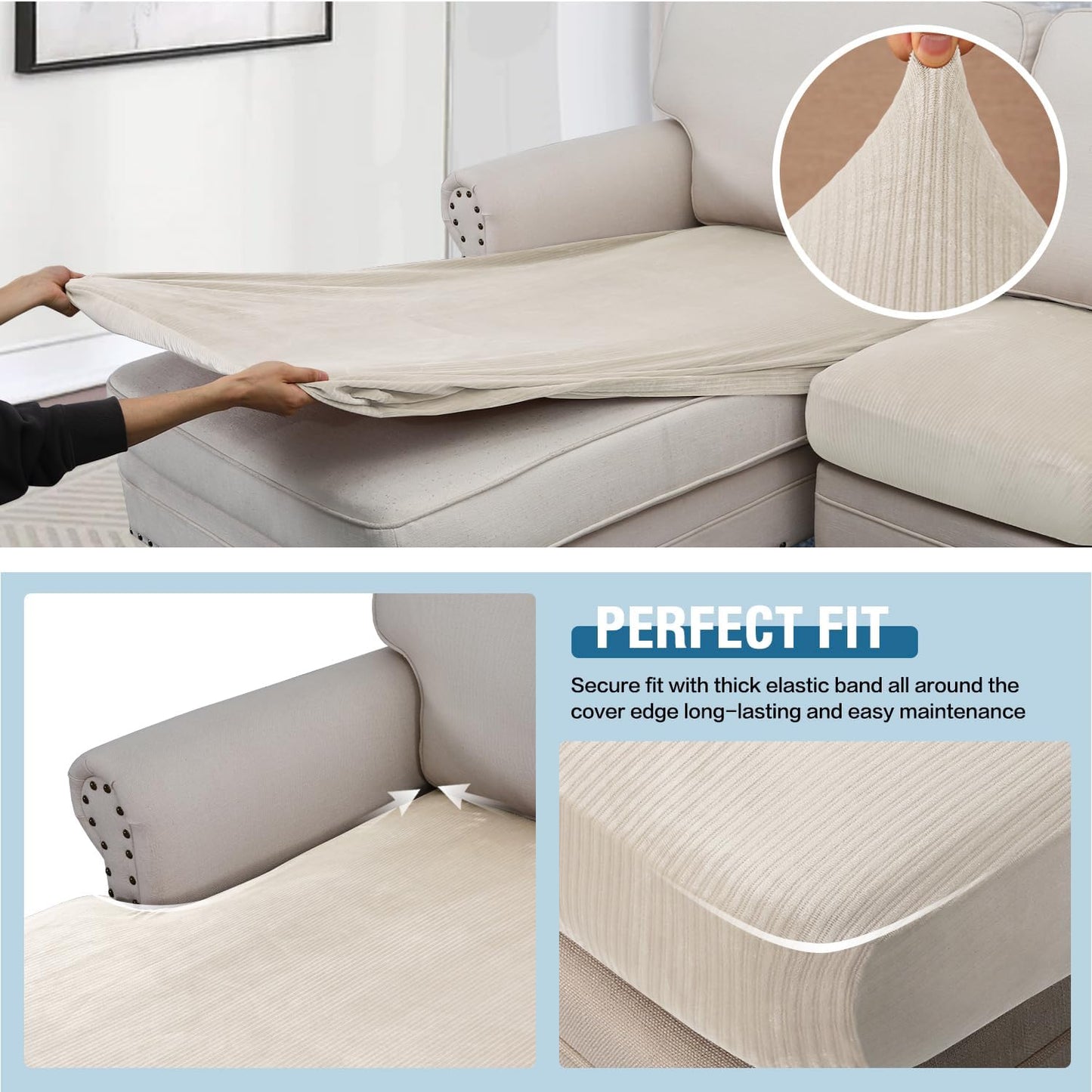 H.VERSAILTEX Velvet Stretch Sectional Couch Covers - 4 Piece Set, L Shape, Ivory Striped (Large Sofa 3 Seater + 1 Chaise)