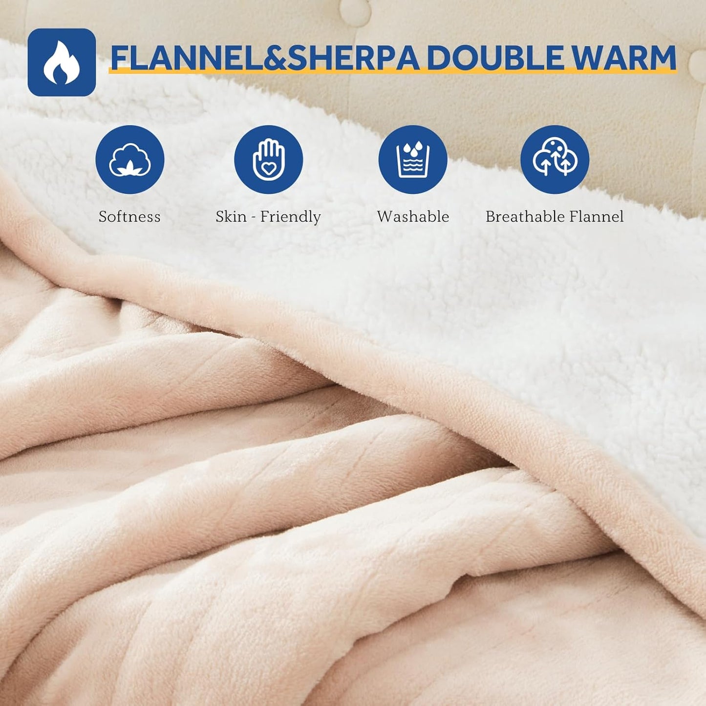 Sealy Electric Blanket Full Size 80"*84",Super Cozy Flannel to Sherpa Reversible Heated Blanket Full Size with 10 Heating Levels & 1-12 Hours Auto Off Overheating Protection Machine Washable, Beige