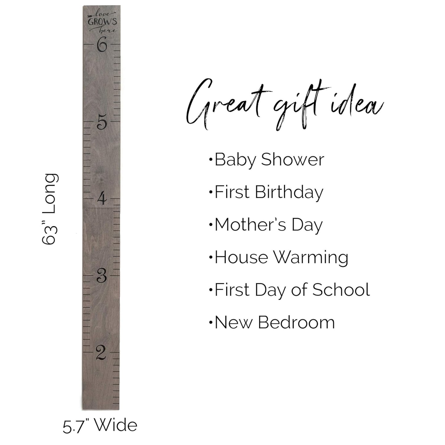 Wooden Growth Chart for Wall - Height Growth Chart for Kids, Kid Height Wall Chart, Height Measurement for Wall, Height Chart for Kids - Love Grows Here, Skinny Grey (63""x5.75"")