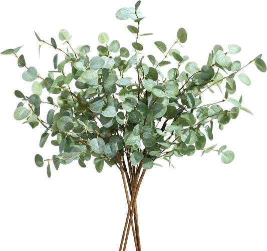 6Pcs Faux Eucalyptus Stems, 27" Artificial Eucalyptus Plants with White Frosted Coating, Fake Eucalyptus Decor Silk Greenery Leaves for Wedding Bouquets Home Decor DIY Floral Arrangements
