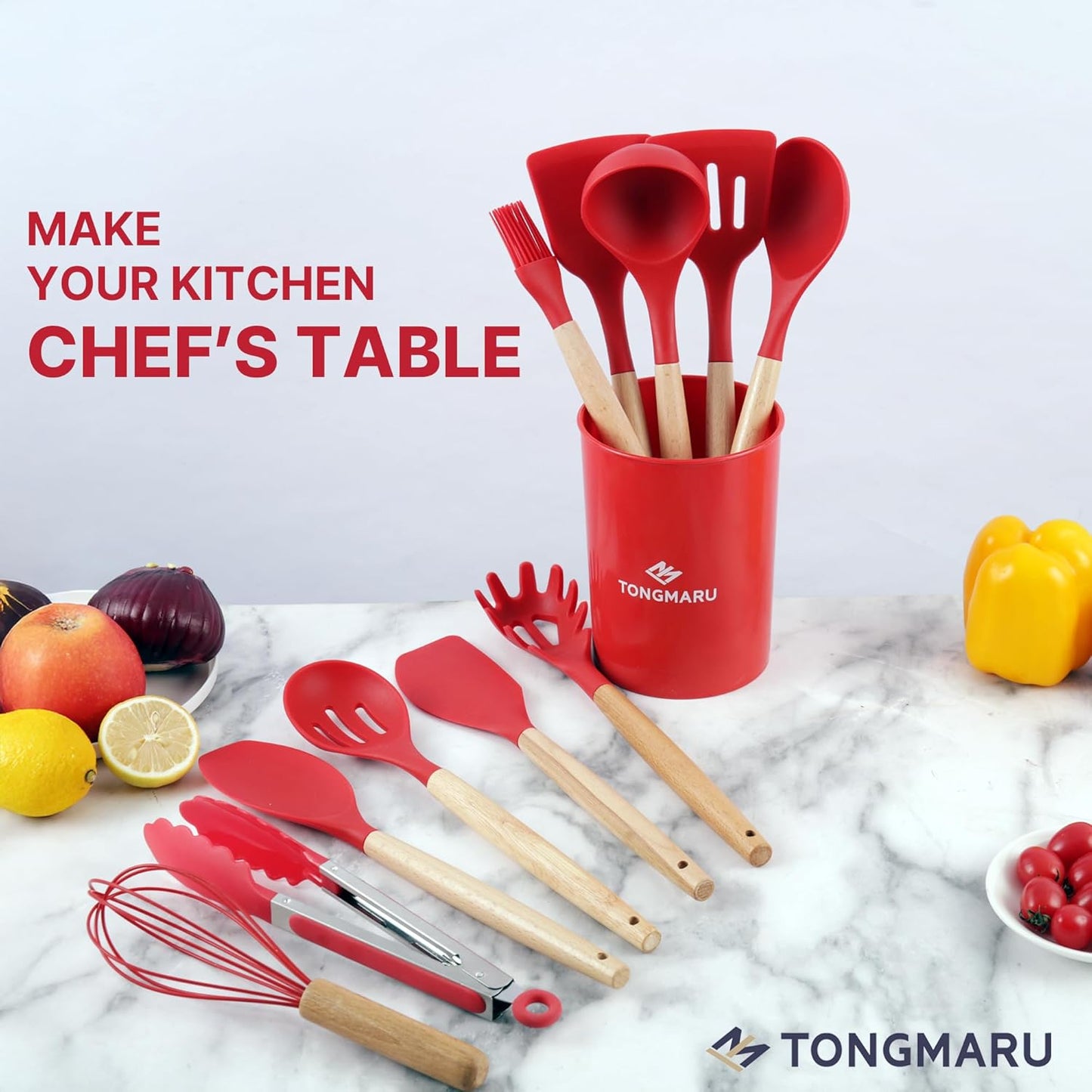 Silicone Cooking Utensils Set, Premium Beech Wood Handle Kitchen Gadgets Utensil Set, Non-Stick Kitchen Utensils Spatula, Tongs, Turner, Whisk, Brush, Spoon, BPA FREE, 446°F Resistant (Red)