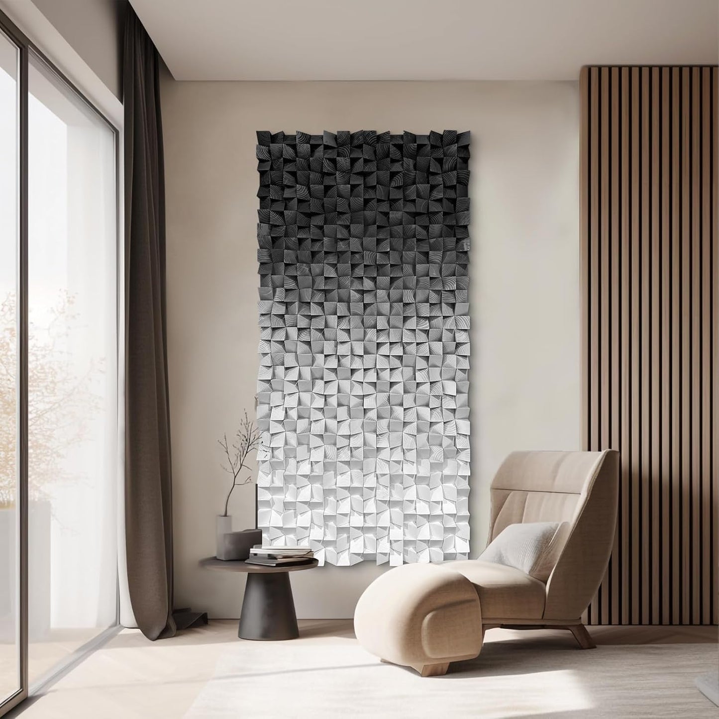 LIUZEYUE - Wooden Block Stereoscopic Painting Geometric Modeling Wall Decoration 3D Wooden Artwork Living Room Bedroom Background Wall Office Decoration Black and White Gradient 35.4"x70.8"