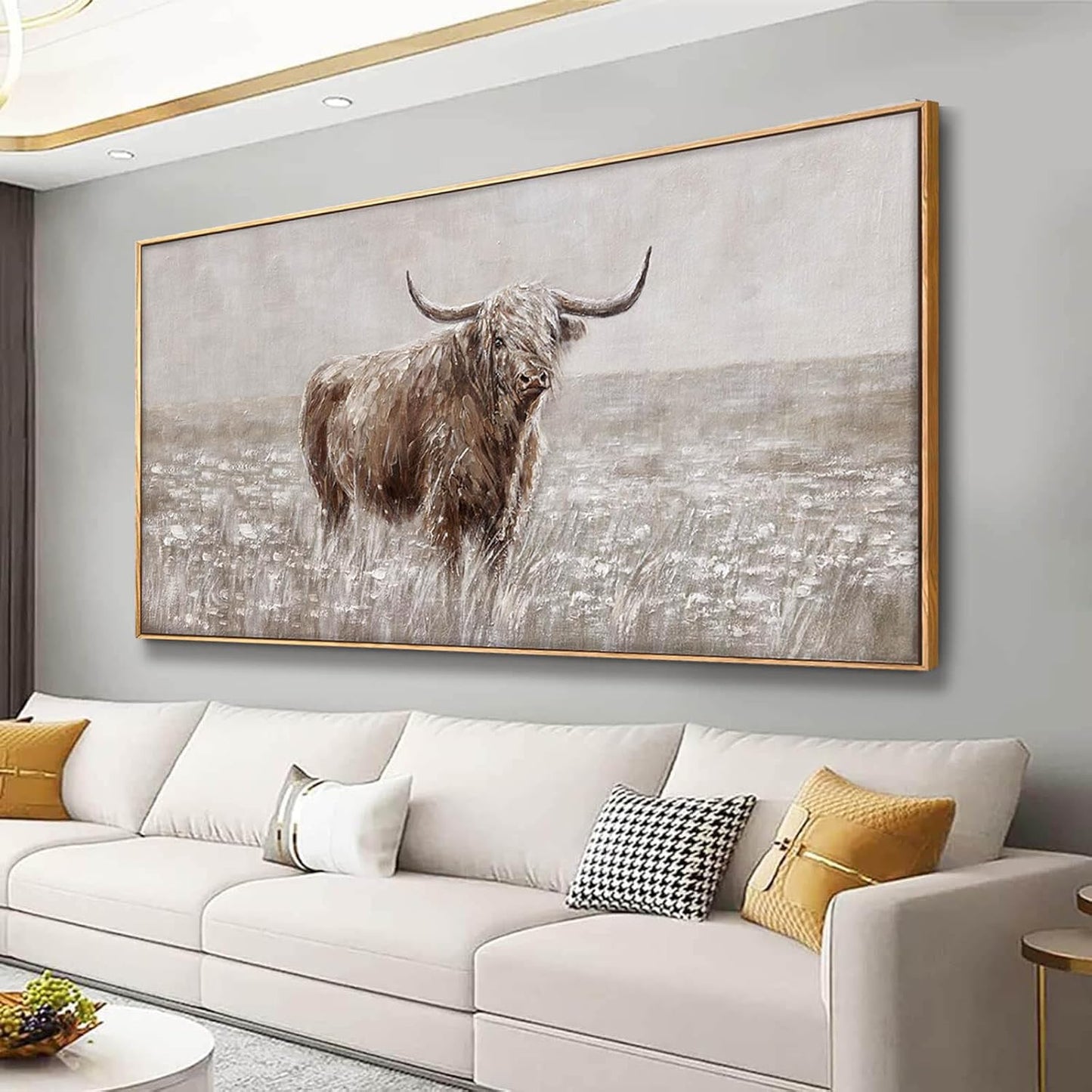 Farmhouse Highland Cow Wall Decor on Canvas with Framed Large Landscape Brown Artwork for Bedroom Living Room Office Decor 29x58 Inch