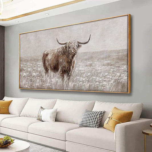 Farmhouse Highland Cow Wall Decor on Canvas with Framed Large Landscape Brown Artwork for Bedroom Living Room Office Decor 29x58 Inch