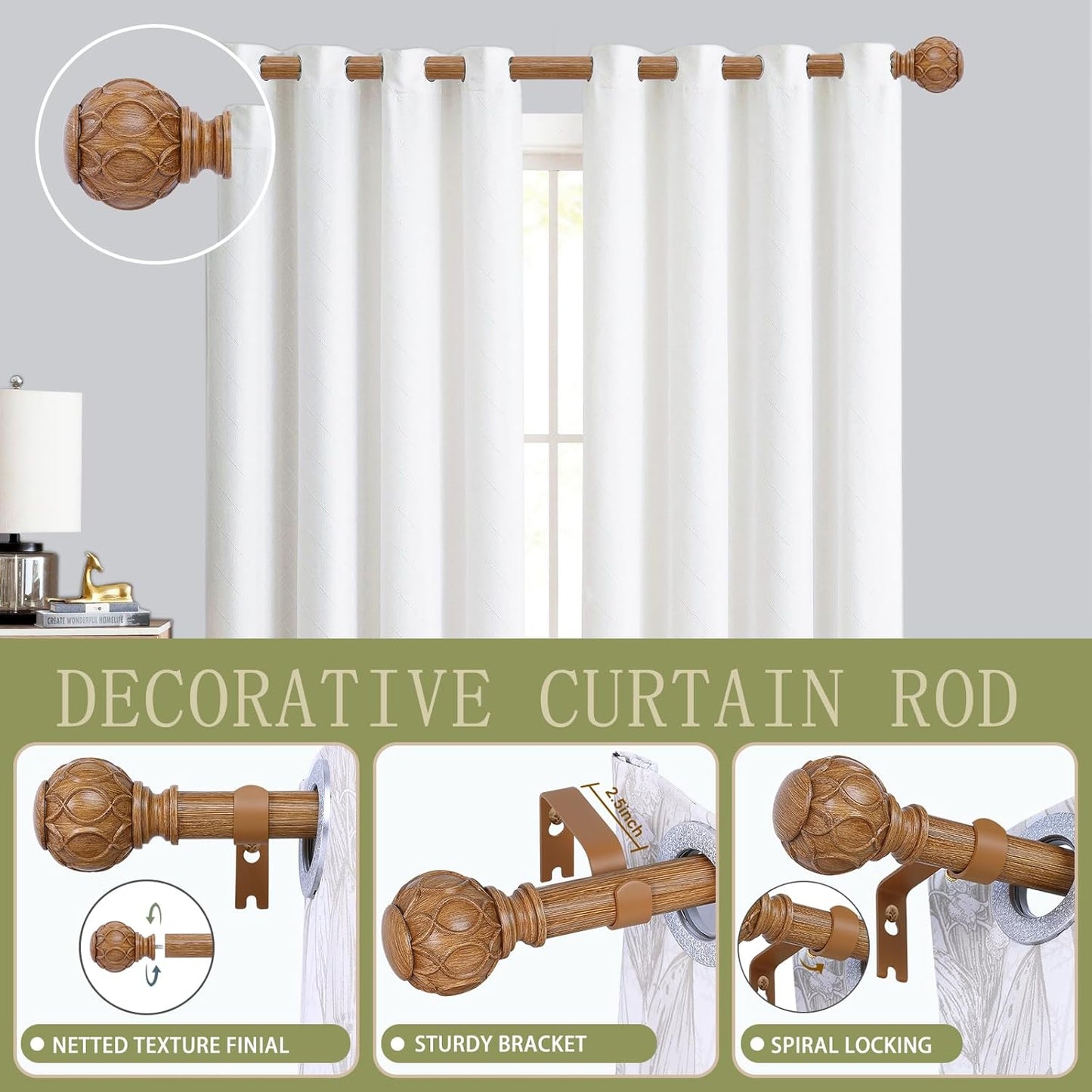 2 Pack Wood Curtain Rods for Windows 66 to 120 Inch,1 Inch Adjustable Curtain Rod Set,Heavy Duty Curtain Rods,Wooden Netted Texture Drapery Rods,Single Window Curtains Rods 66-120",Brown Wood