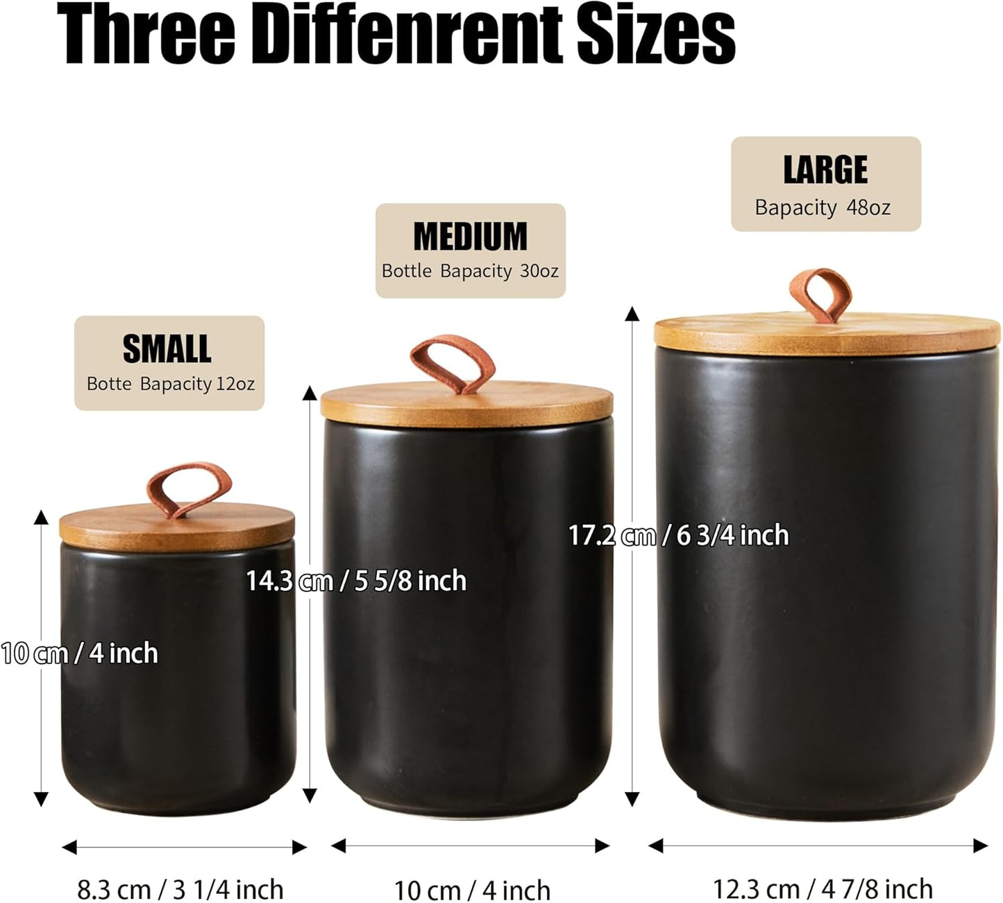 Black Canister Sets for Kitchen, 3pcs Ceramic Canisters with Airtight Wooden Lid, Food Storage Jar, Large Kitchen Storage Containers for Serving Coffee Beans, Tea, Sugar, Salt, Spices