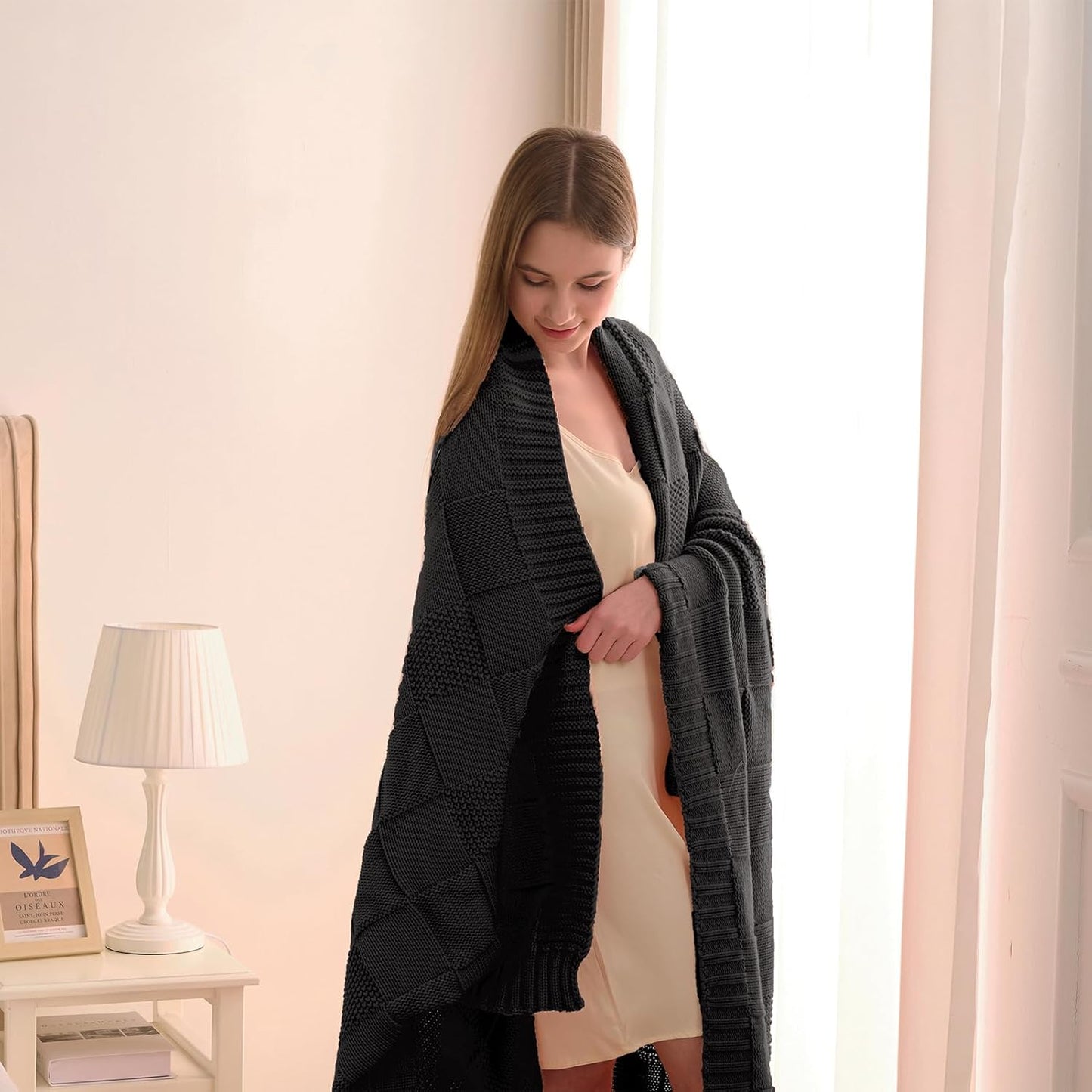 CozeCube Check Knit Throw Blanket, Jet Black Checkered Throw for Couch, Decorative Christmas Soft Cozy Warm Knitted Blanket for Bed Sofa Living Room, 50"X60"