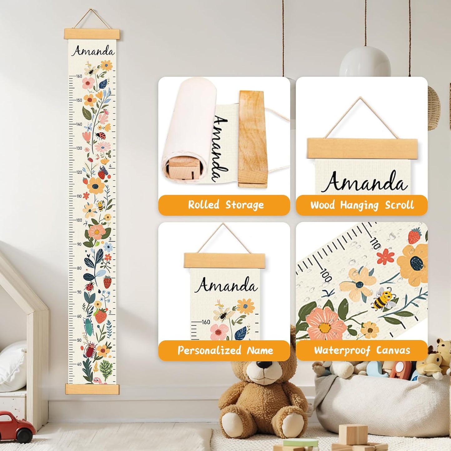 Personalized Name Growth Chart Wall Decor for Kids – Canvas Removable Height Chart Measuring Ruler 59" x 7.9" (Flowers)