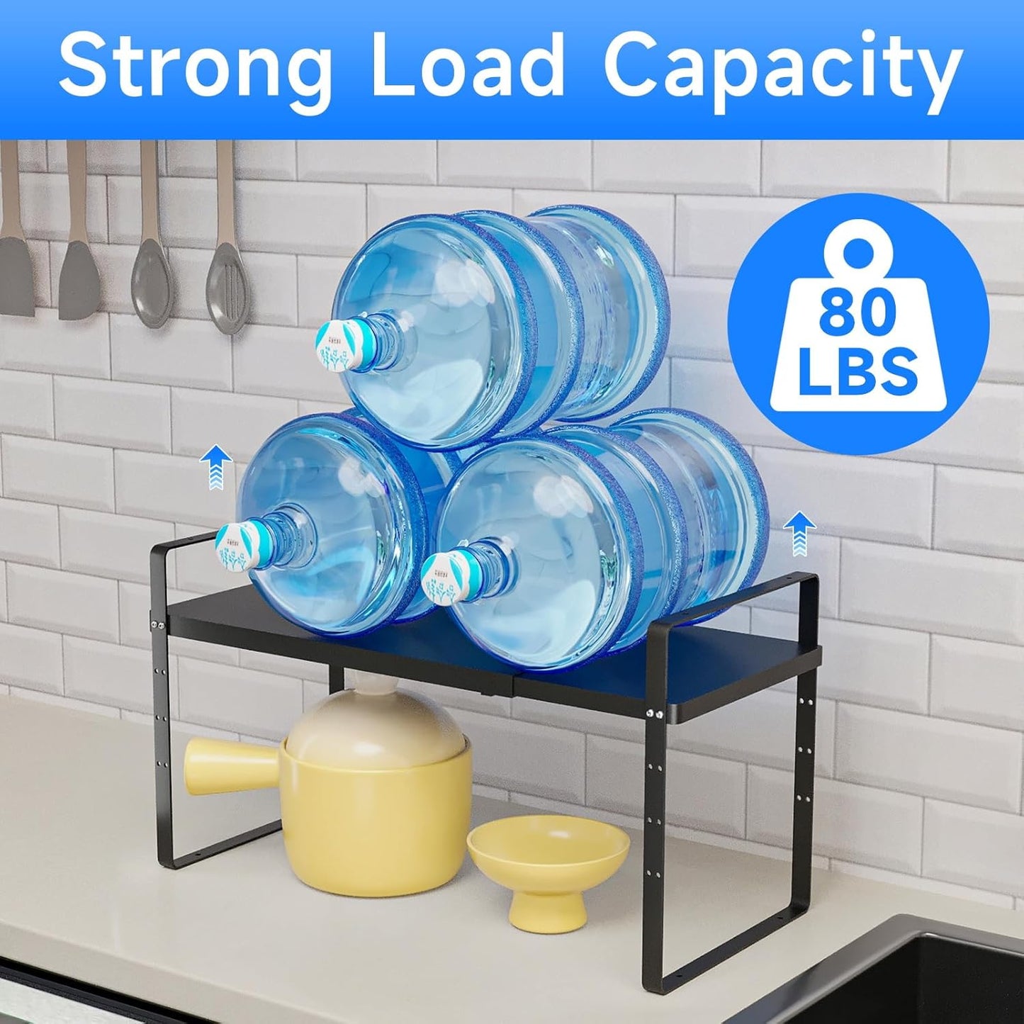 Expandable Cabinet Shelf Organizer, Stackable Kitchen Pantry Counter Storage, Adjustable Closet Cupboard Stand Rack Risers Spice Organization 80LBS Heavy Duty Black Small 1 Pack