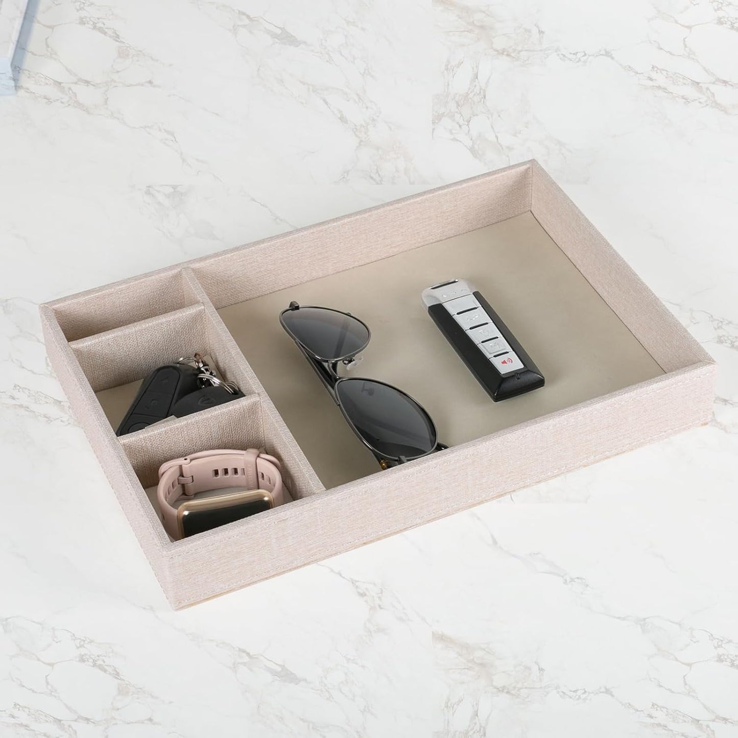 Desktop Storage Organizer, Nightstand or Dresser Organizer, Valet Tray, Entry Table Organizer, 4 Compartments,PU Leather Drawer Storage Organizer Decorative Trays. (Pearl White—2)