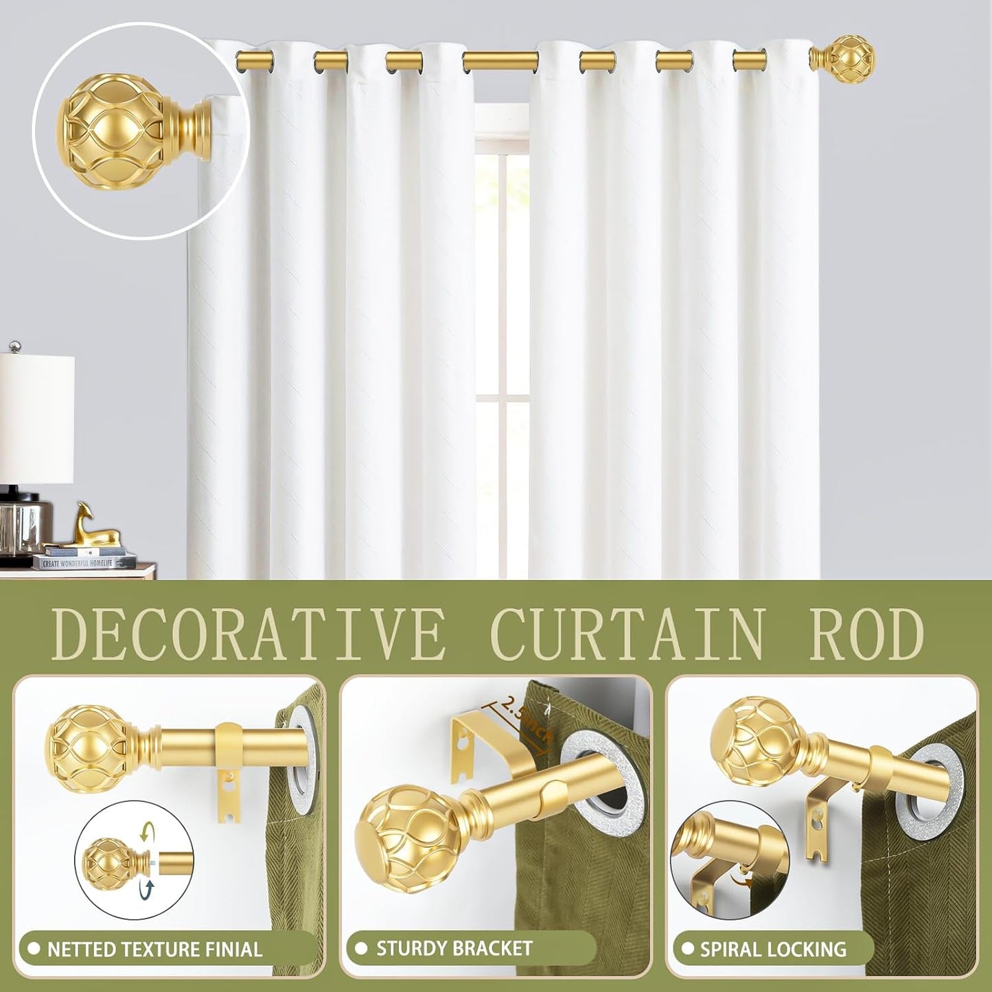 Gold Adjustable Curtain Rods for Windows:Farmhouse Heavy Duty Curtain Rod for Bedroom Living Room,Boho Decorative Rustic Drapery Rod with Vintage Coastal Texture Finial,Brass Gold 2Pack 18-45"