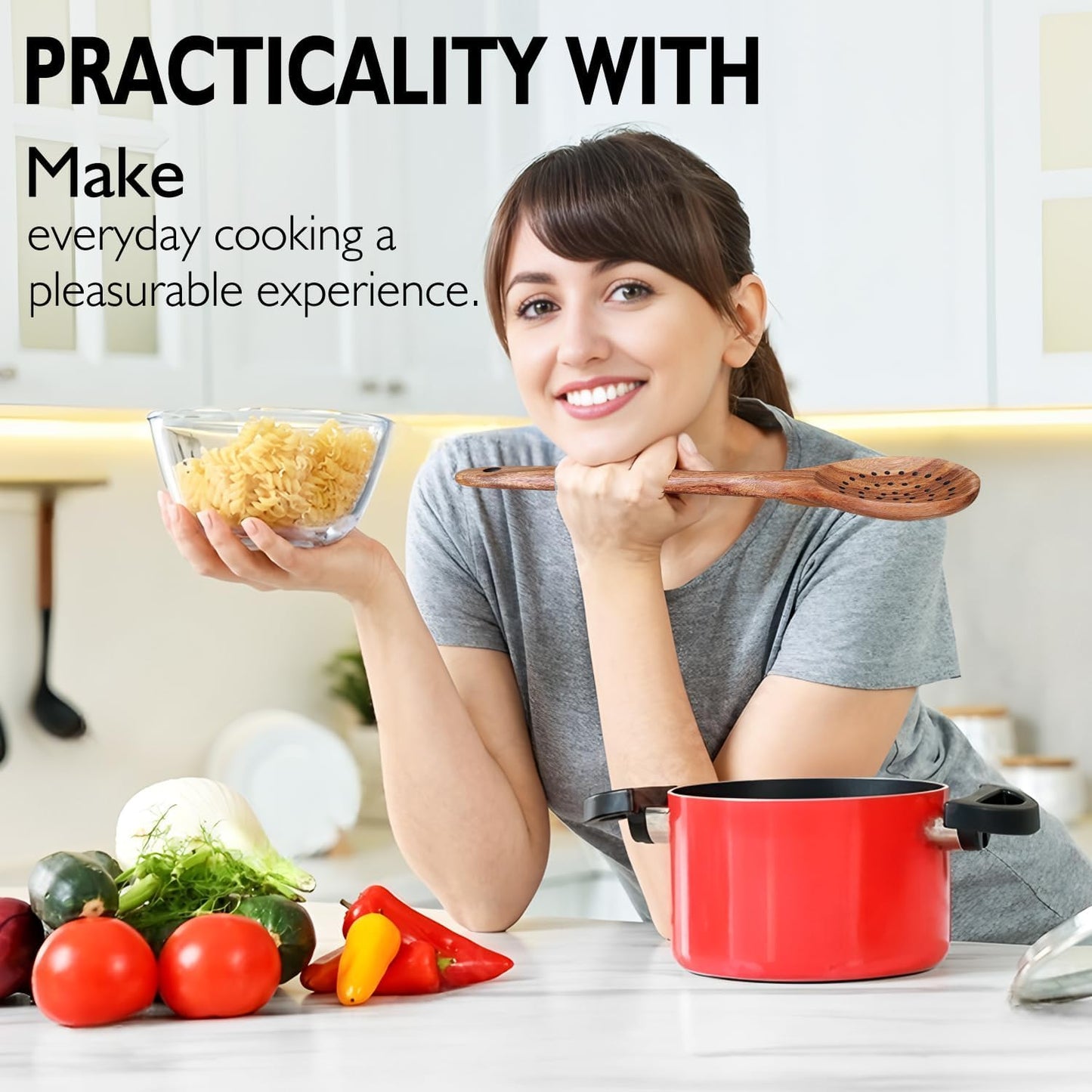 Wooden Spoons for Cooking 6 Piece, Natural Teak Kitchen Utensils Spatula, Smooth Finish Wooden Cooking Utensils Spoons, Filter Spoon, Salad Fork