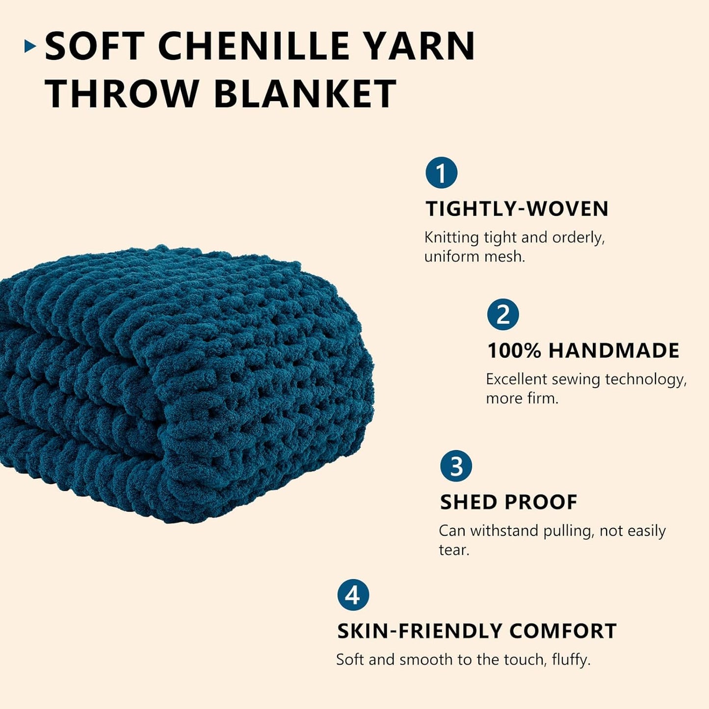 L'AGRATY Chunky Knit Blanket Throw: 50''x60'' Chenille Chunky Knitted Throw Blanket for Bed Couch - Handmade Thick Big Cable Knit Blanket - Large Crochet Rope Blanket for Home Decor(Blue)
