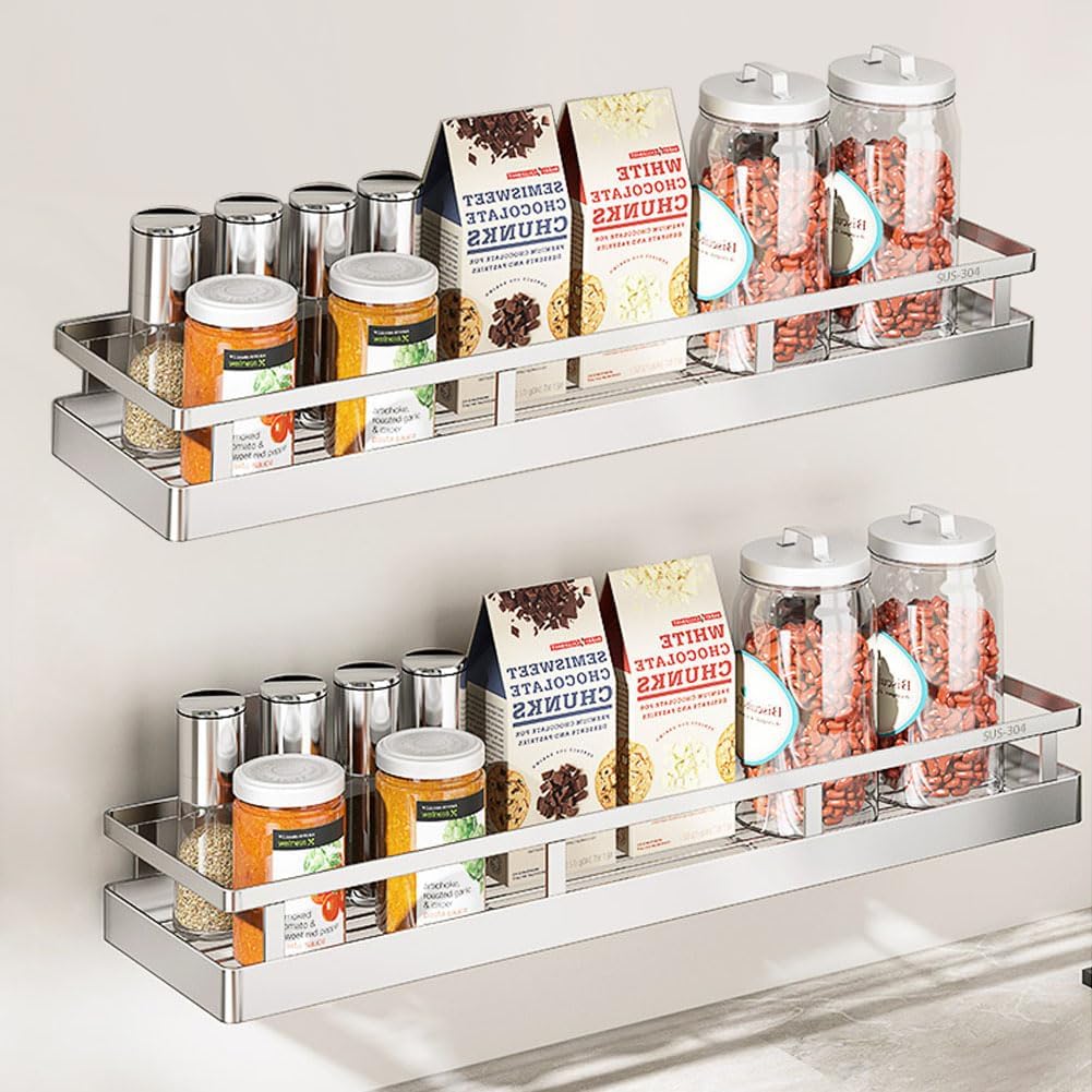 2PCS Kitchen Spice Rack, SUS304 Stainless steel Wall Mount Storage Rack, Seasoning Container, 19.7Inch Spice Organizer, Kitchen Seasoning Hanging Rack, Bathroom Shelf for Storing Toiletries