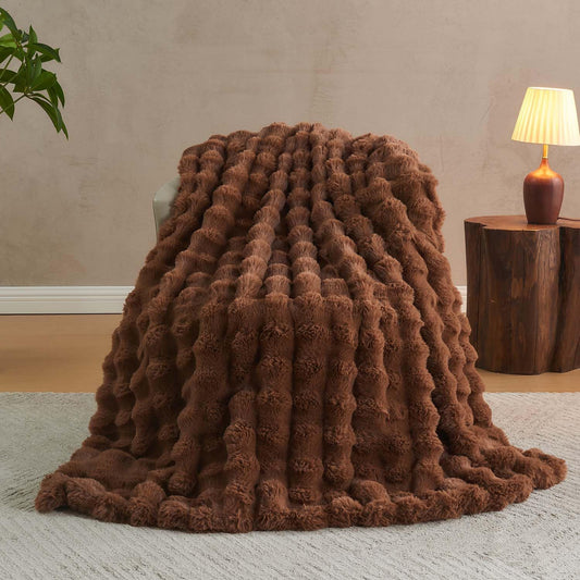 Lotus Karen Faux Fur Throw Blanket Dark Coffee - Big Bubble Rabbit Fluff Blanket for Couch Bed Sofa,Softest Fluffy Fuzzy Cozy Blanket,Thick Furry Plush Shaggy Warm Blankets for Women,60x80 Inches