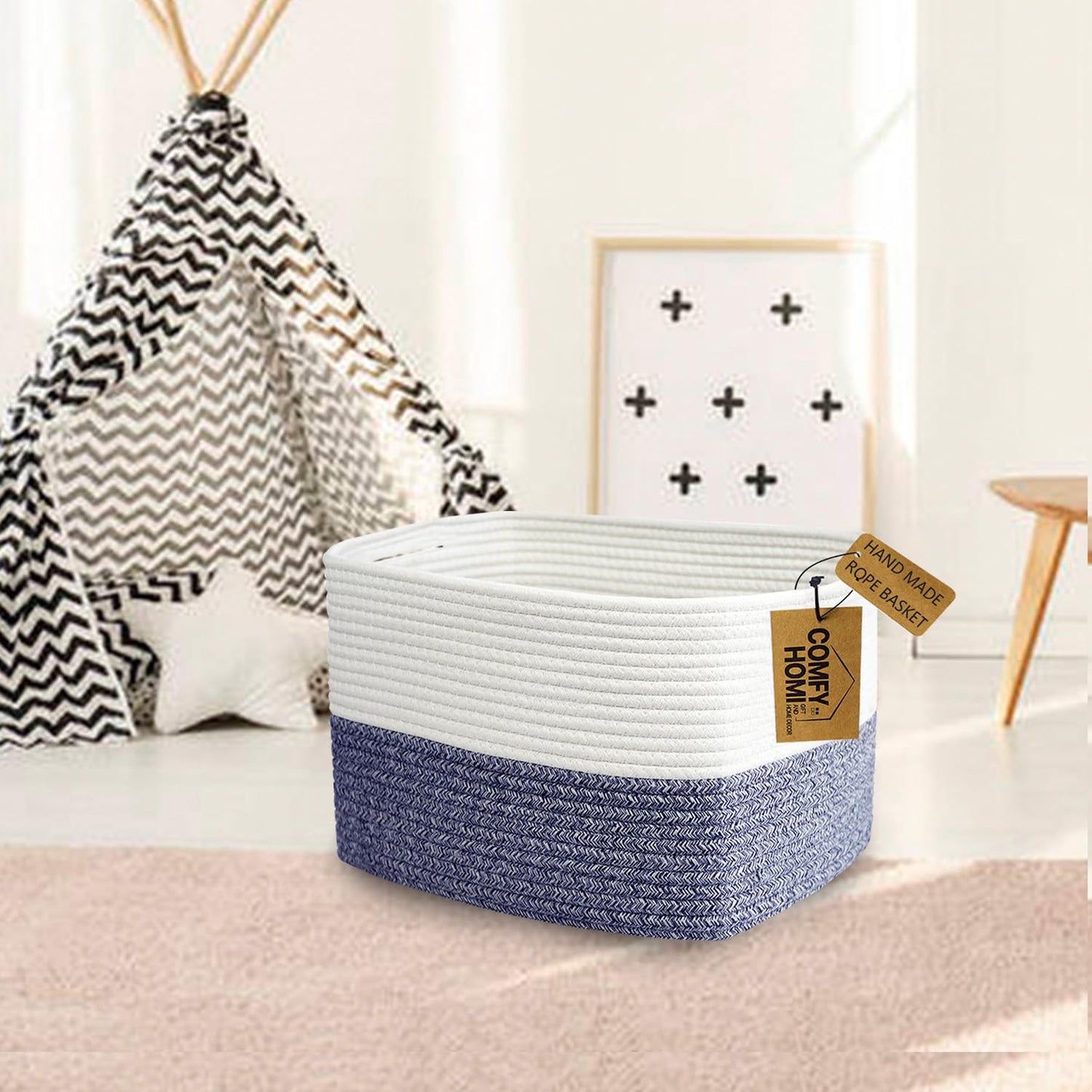 COMFY-HOMI Medium Cotton Rope Basket With Handles for Shelves|Dog Toy|Baby Gift Basket Empty for Organizing|NEW Generation 13.5" x 11" x 9.5" Living Room (Navy Blue)