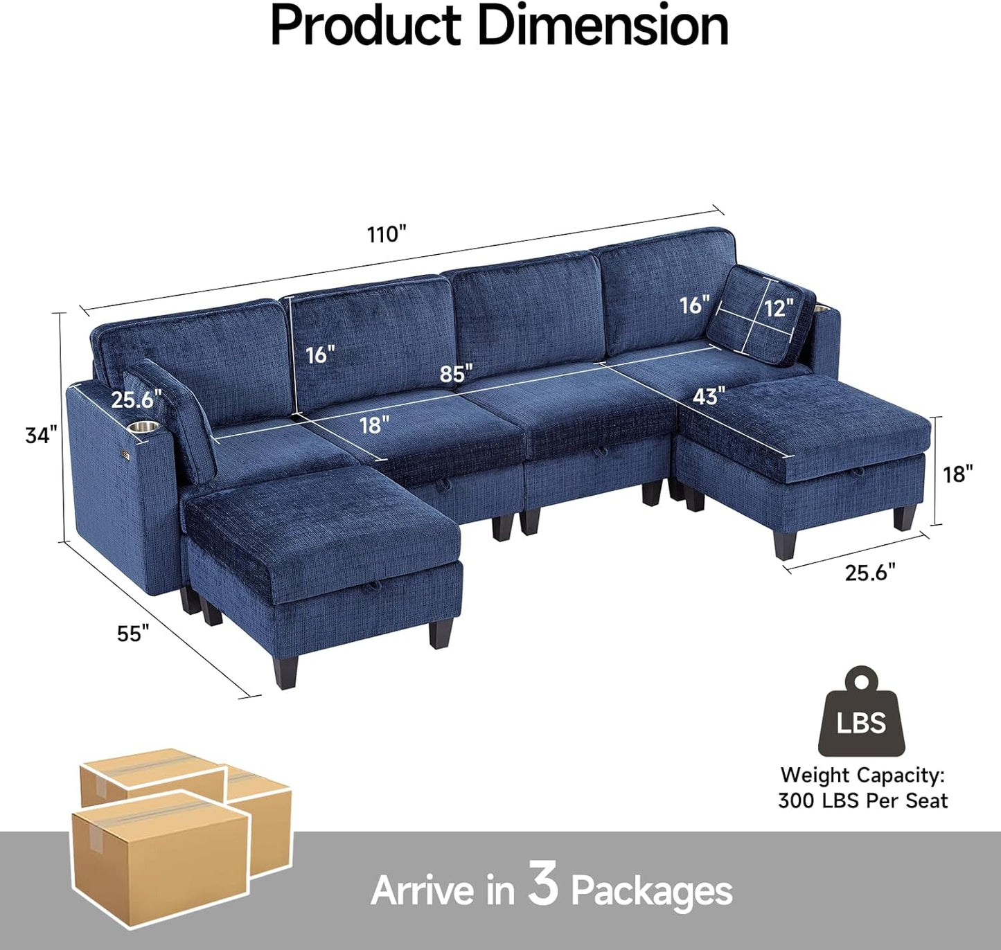 110" Modular Sectional Sofa, Convertible Sleeper Sofa Couch Bed with Adjustable Backrest, U-Shaped Chenille Cloud Couch with Ottoman Storage, Deep Seat Couches for Living Room,Blue