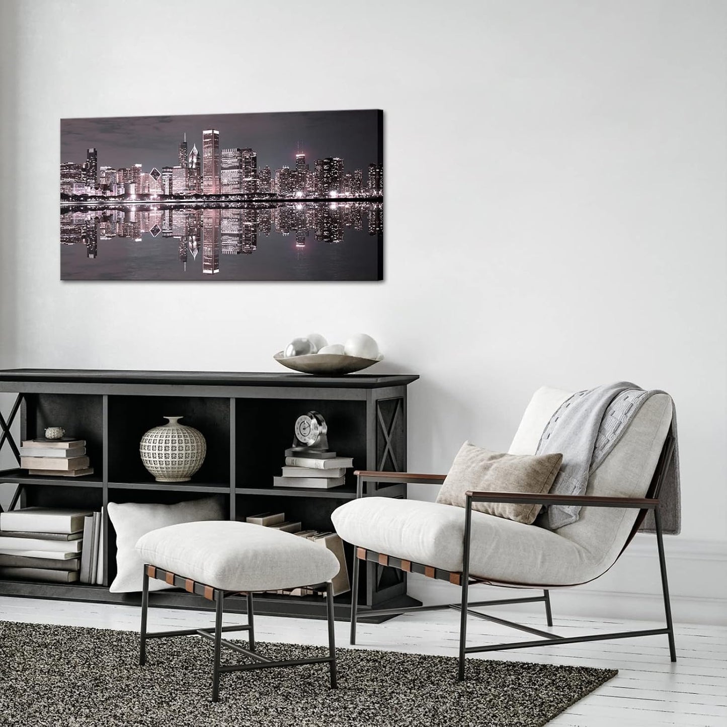 Conipit Chicago Wall Art Chicago Skyline Artwork City Night Downtown Picture Cityscape Painting Framed for Bedroom Home Office Decor 24"x48"