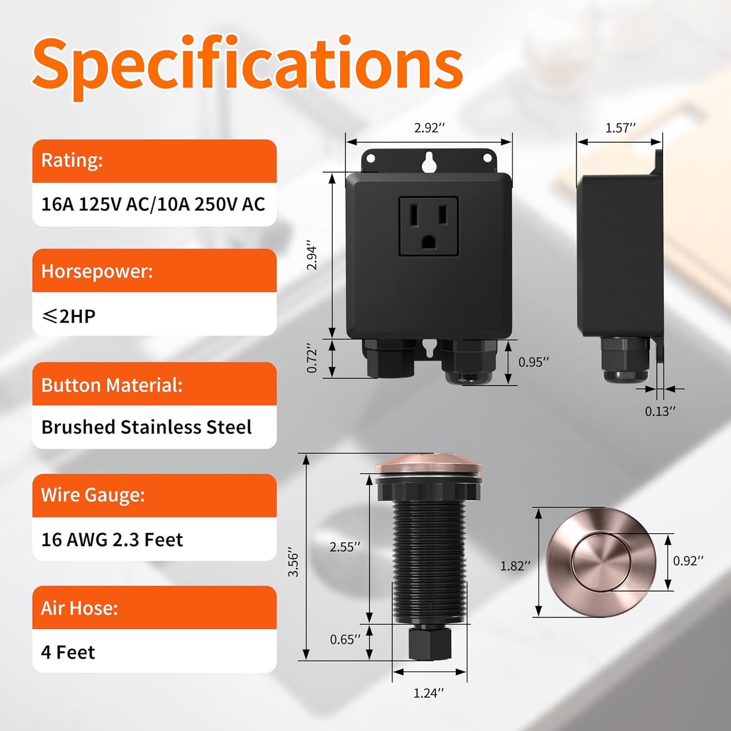 Joinfworld Garbage Disposal Air Switch Kit Waterproof Garbage Disposal Button Kit with Long Garbage Disposal Switch Copper - UL Listed