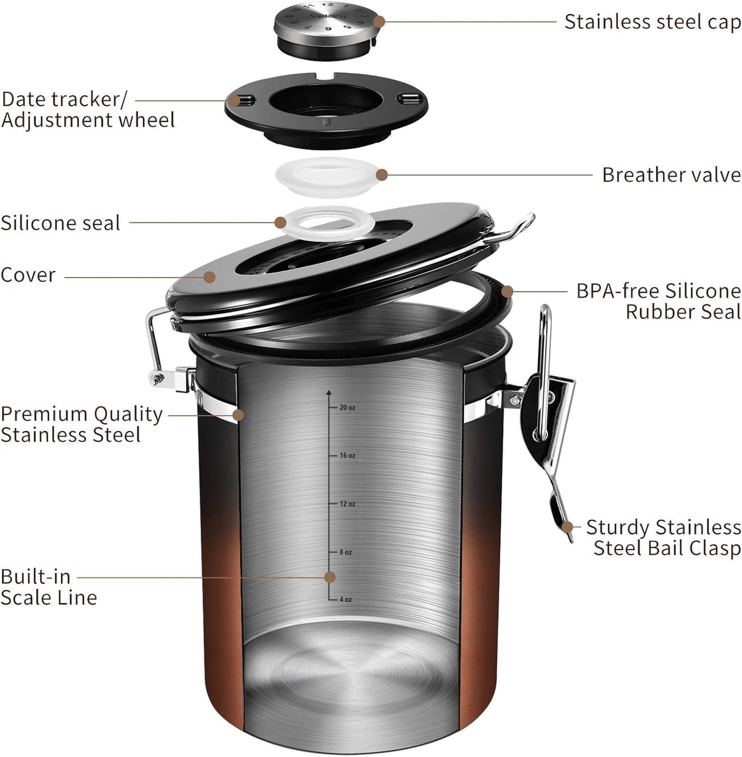 Veken Coffee Canister with Window,Airtight Stainless Steel Kitchen Food Storage Container, Date Tracker & Scoop for Grounds Coffee, Beans, Tea,Flour,Cereal,Sugar,22OZ,Copper