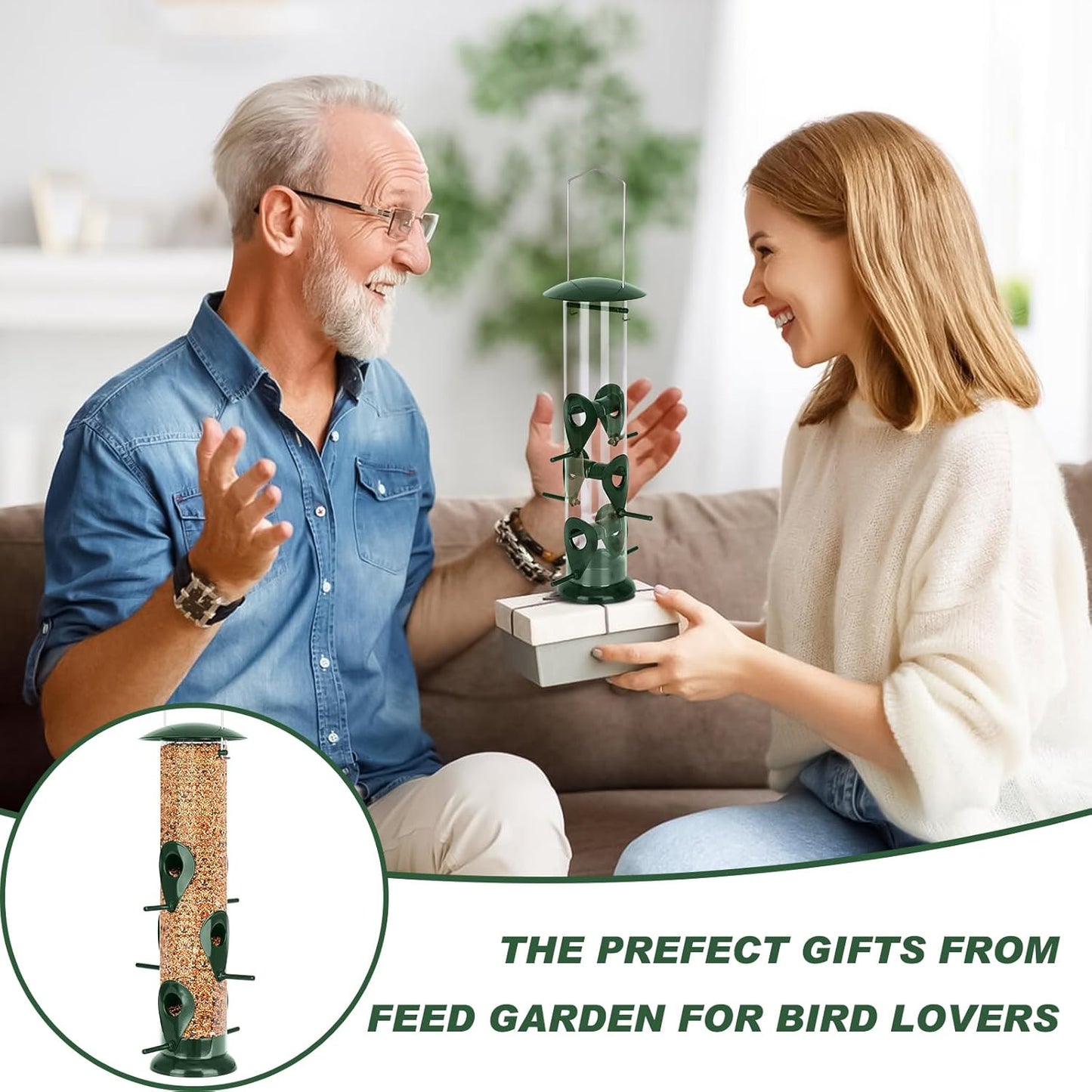 FEED GARDEN Metal Tube Bird Feeders for Outdoors Hanging, 6-Port Bird Feeder for Outside, Finch Feeders for Outside, Squirrel Proof Bird Feeders with Heavy Duty Metal Lid, Chew-Proof