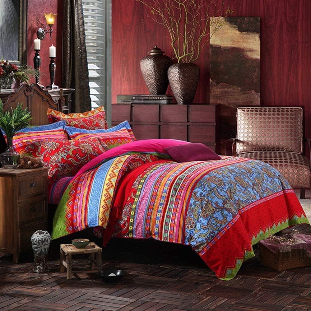 ABREEZE Bohemian Duvet Cover Set Colorful Red Boho Retro Bedding Set Damask Paisley Cotton Duvet Cover Tribal Reversible Bedding Exotic Style Comforter Cover 3-Piece Queen