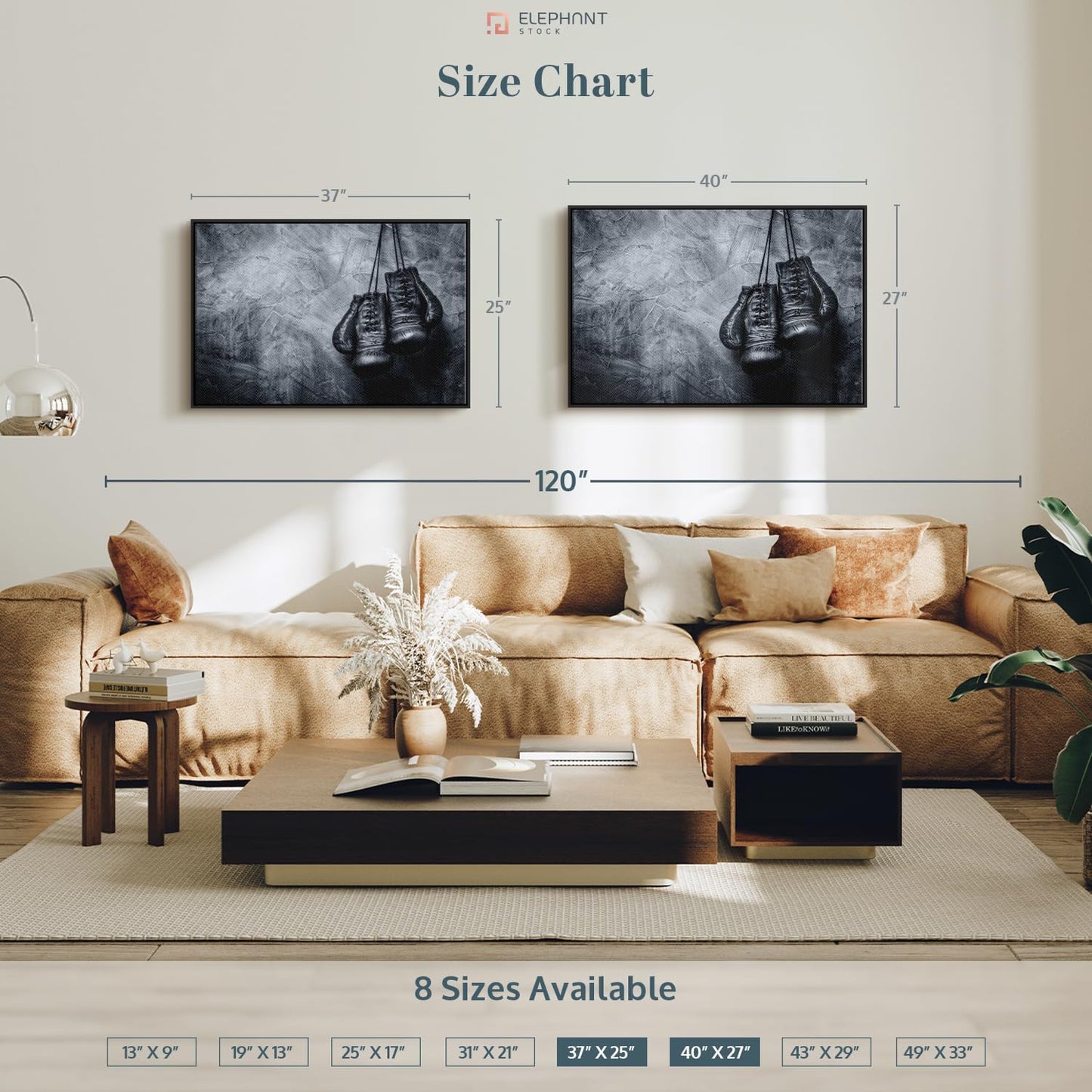 ElephantStock Boxing Gloves Wall Art - Horizontal Framed Canvas - 1-Piece Living Room Wall Decor - Photography Sports Canvas Print - Black and Gray Decor for Wall - 37" X 25"