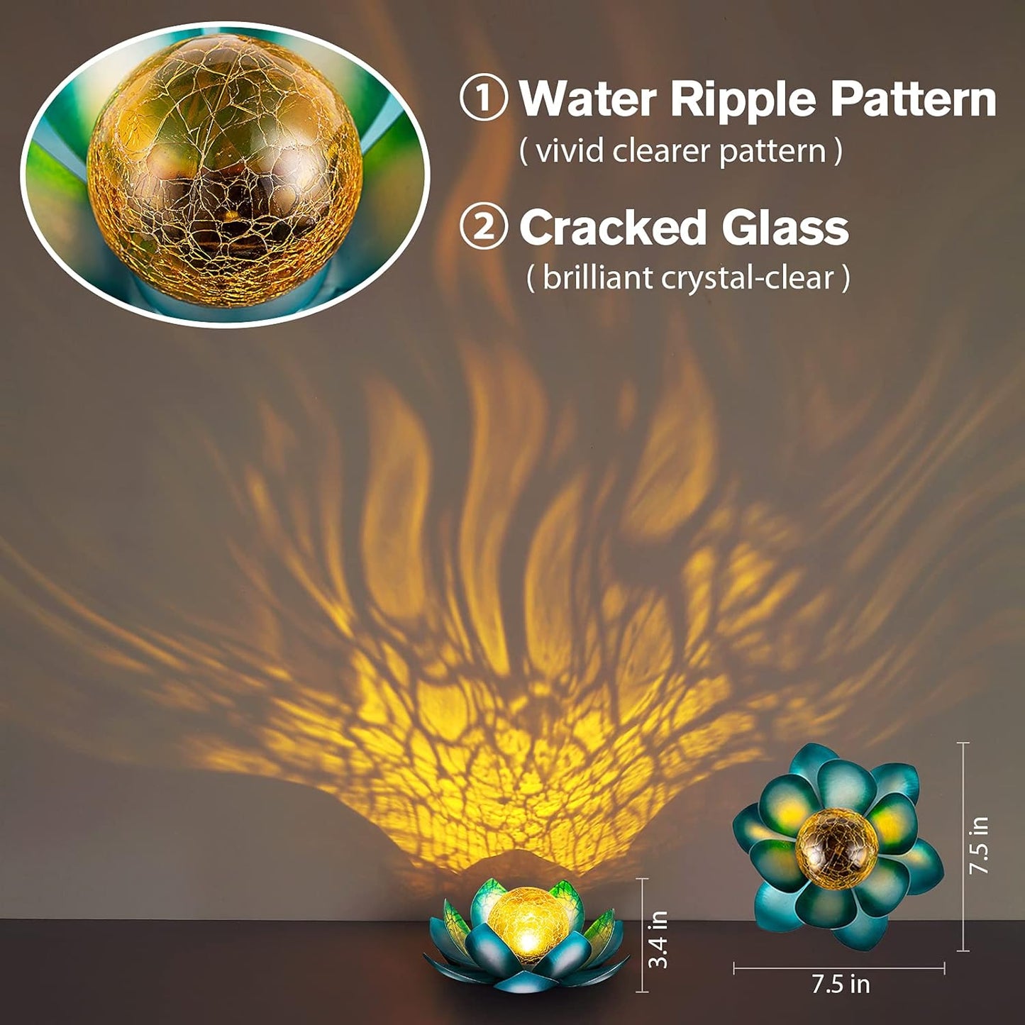 Solar Light Outdoor(2Pack), Art Crackle Globe Glass Lotus Decoration, Solar LED Waterproof Blue Metal Flower Lights for Patio,Lawn,Walkway,Tabletop