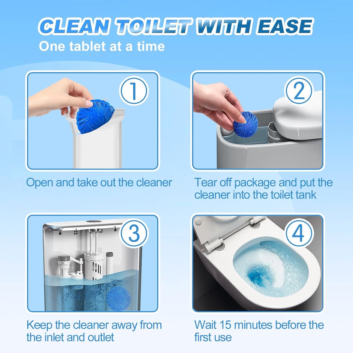 KIISIISO Automatic Toilet Bowl Cleaner Tablets，Bathroom Toilet Tank Cleaner，Blue Clean Bubbles,Strong Detergent Ability,Long-lasting 300 brushes,Mild Fresh Pine Scent(30 Pack)