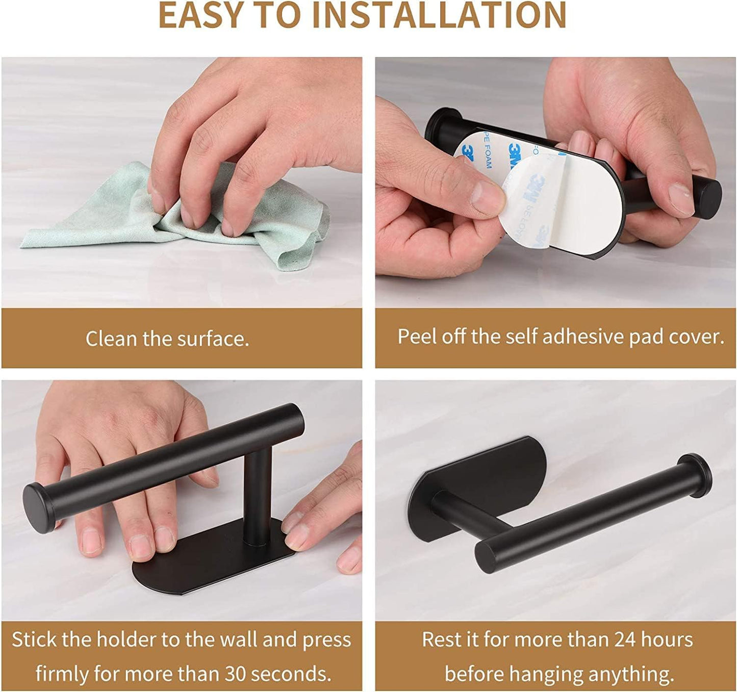 Toilet Paper Holder,Matt Black, Wall Mount,Upgraded Adhesive Toilet Paper Roll Holder,no Drilling,Bathroom/Rv/Washroom, SUS 304 Stainless Steel, Rustproof (Black, 2 Pieces)