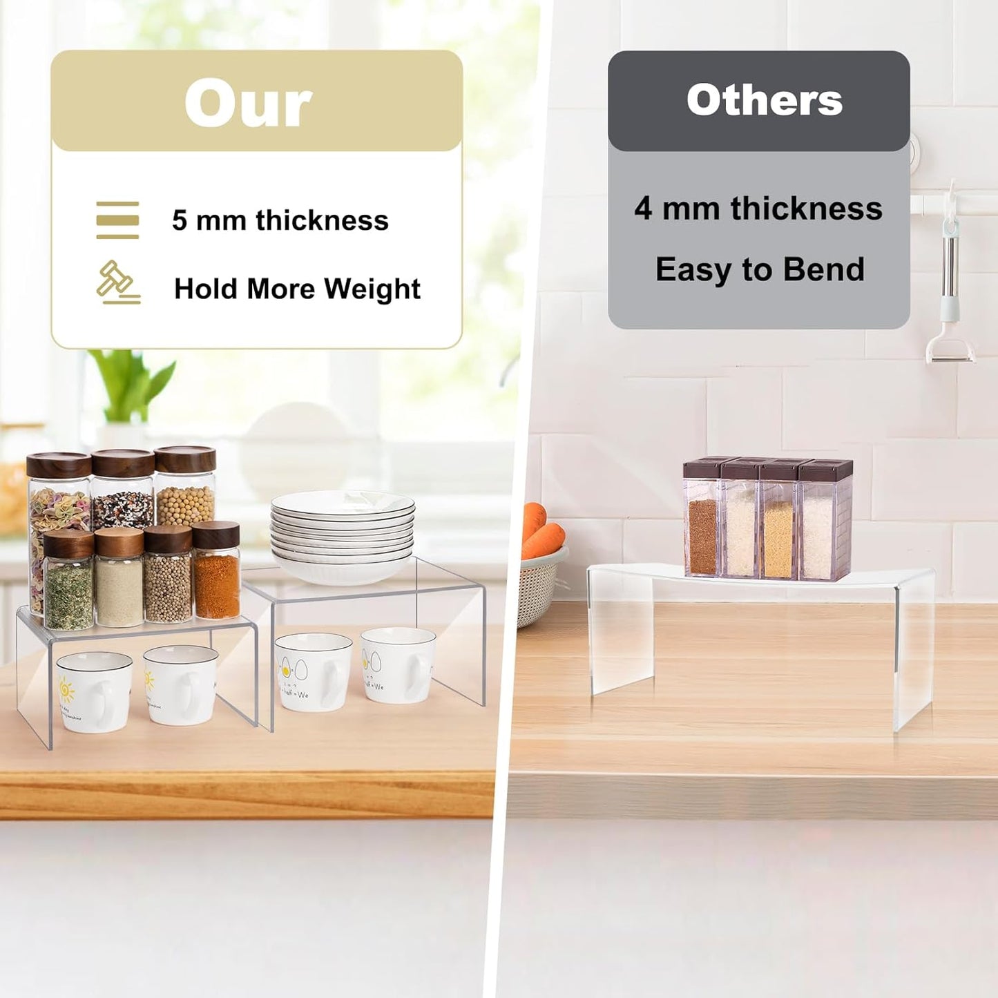 Acrylic Clear Kitchen Rack for Dishes, Spices Jars and Mugs, Kitchen Counter Cabinet Organizer, Clear Spice Rack Shelves, 5mm Thick, 2 Pack