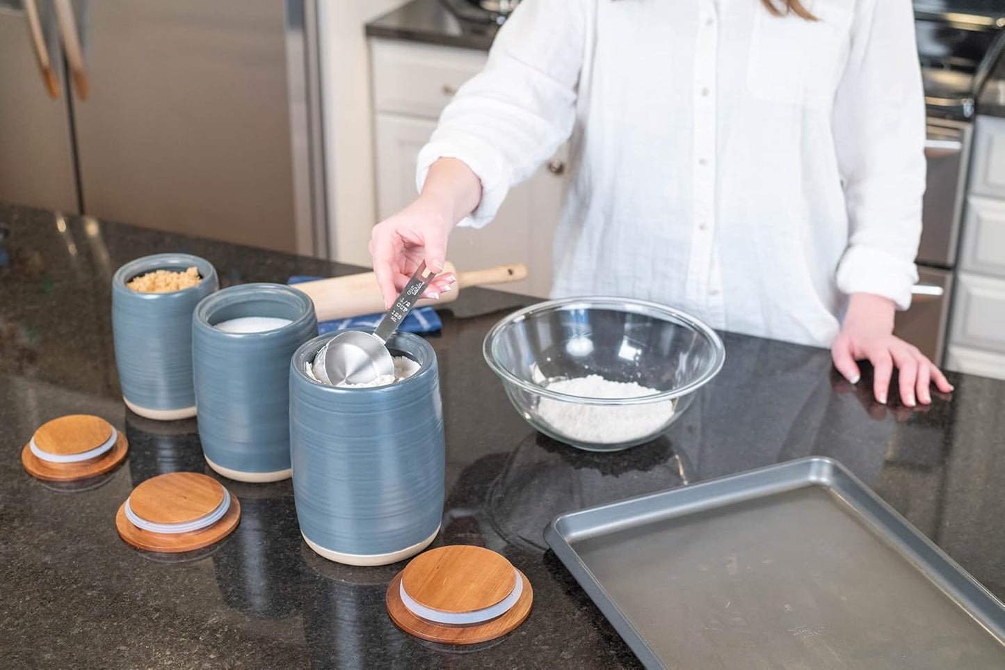 Nat & Jules Lidded Grey 6 inch Ceramic and Wood Kitchen Canisters Set of 3