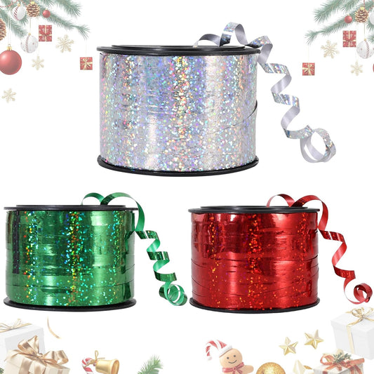 BEISHIDA 3 Pack Christmas Curling Ribbons Red Green Silver Balloons String Ribbons for Gift Wrapping Party Decorations（Total 300 Yards）