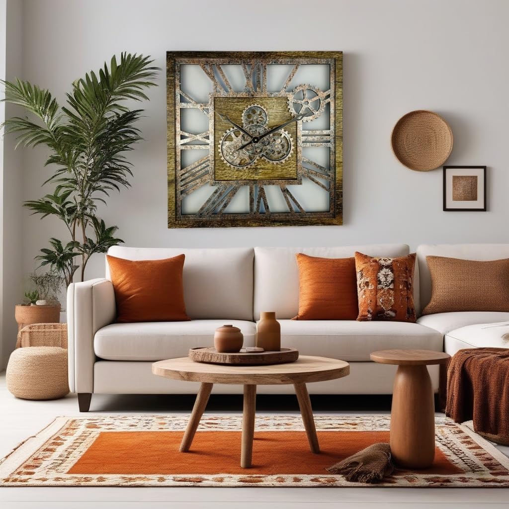 The Gears Clock 24'' Inch Square Real Moving Gear Wall Clock Vintage Industrial Oversized Rustic Farmhouse (Gold Antique)