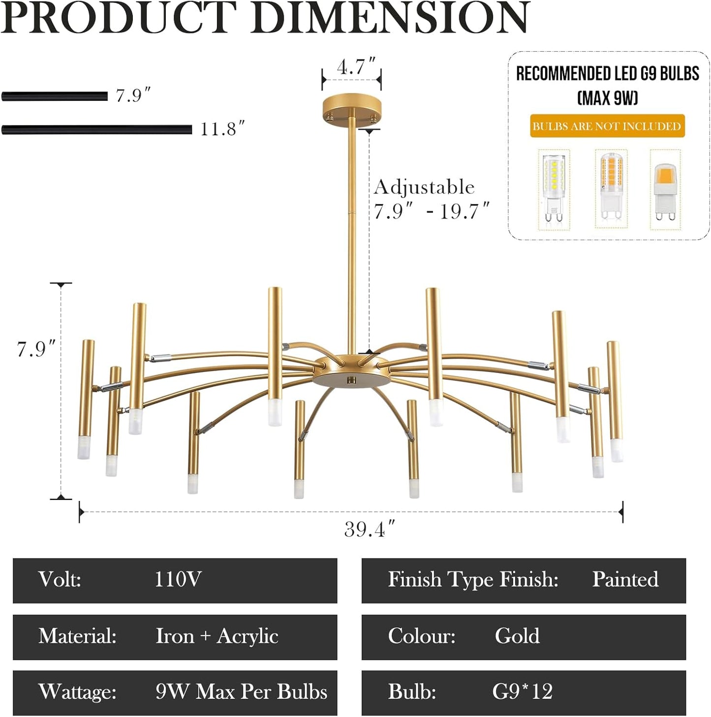 Gold Modern Chandelier 39.4" Large Chandelier Lighting Adjustable Ceiling Pendant Light 12 Light Pendant Light Fixtures for Living Room Dining Room Foyer