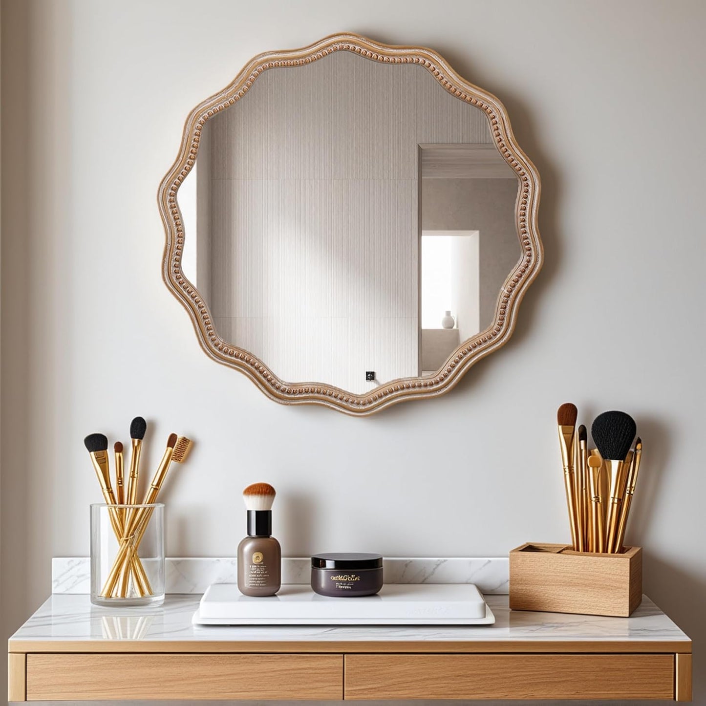 Round Mirror Vanity Mirrors for Bathroom with Wavy Wood & Beaded Frame - Wall Mirrors for Living Room,Entry Mirrors for Wall,Decorative Mirror