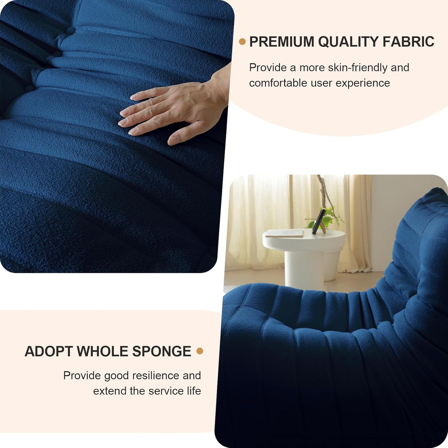 Luxury Sofa Couch Chair, Lazy Floor Seating, Fireside Bean Bag Chair, Ergonomic Tatami Sofa Lounger for Living Room, Bedroom, Office, Single Seat, Blue