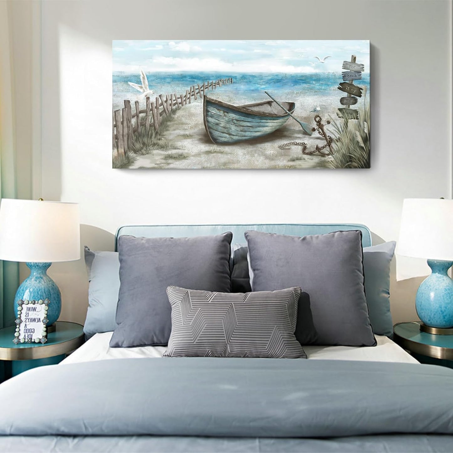 Wall Art for Living Room Large Beach Decor Picture Seagull Vintage Boat Artwork Ocean Sea Bird Canvas Print Seascape Nautical Painting Blue Teal Rustic Coastal Themed Cottage Bedroom Office Décor