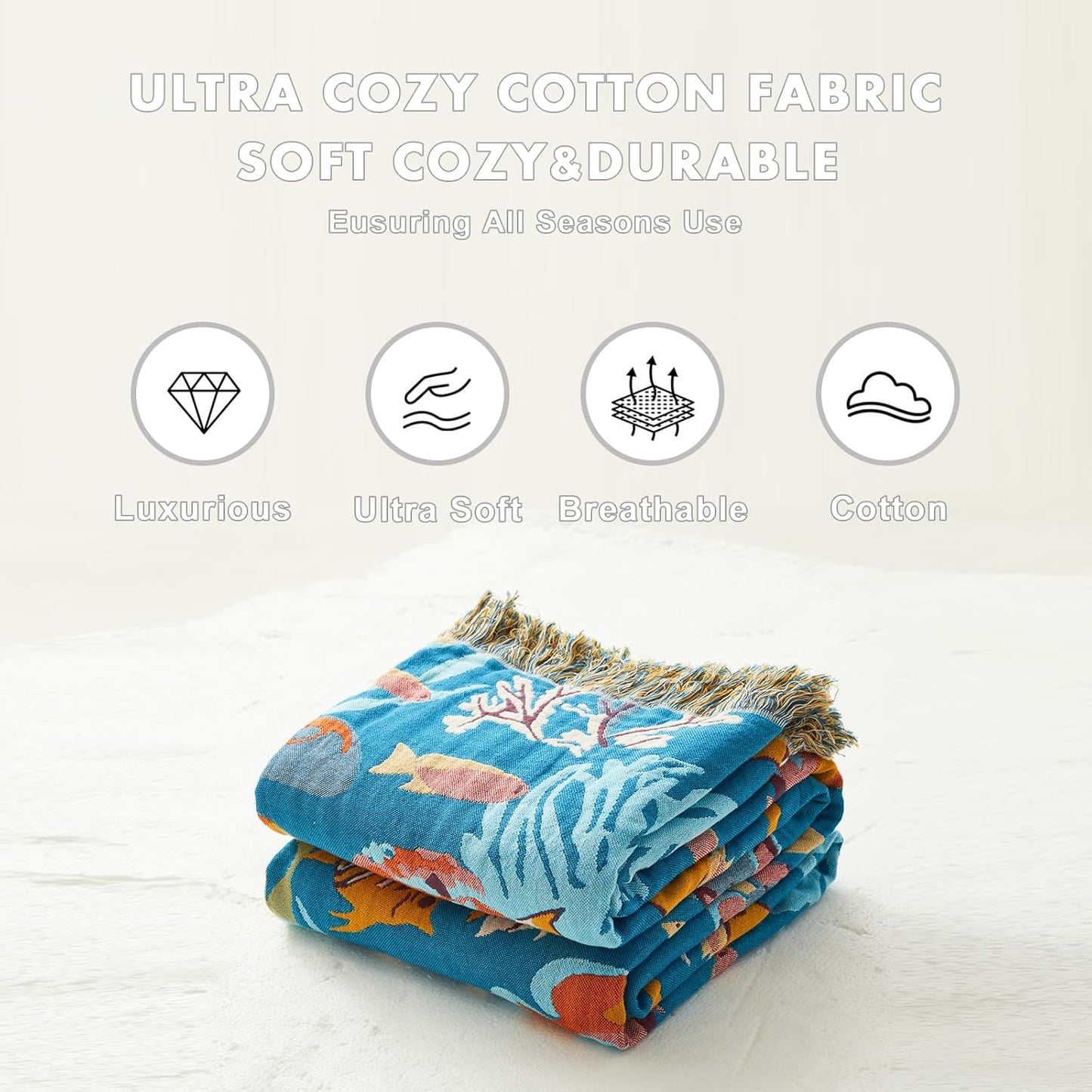 MSGKV Throw Blanket for Couch Bed Cotton Muslin Breathable Cute Ocean Animals Twin Size Blanket 60"x80" for All Seasons Lightweight Farmhouse Blankets