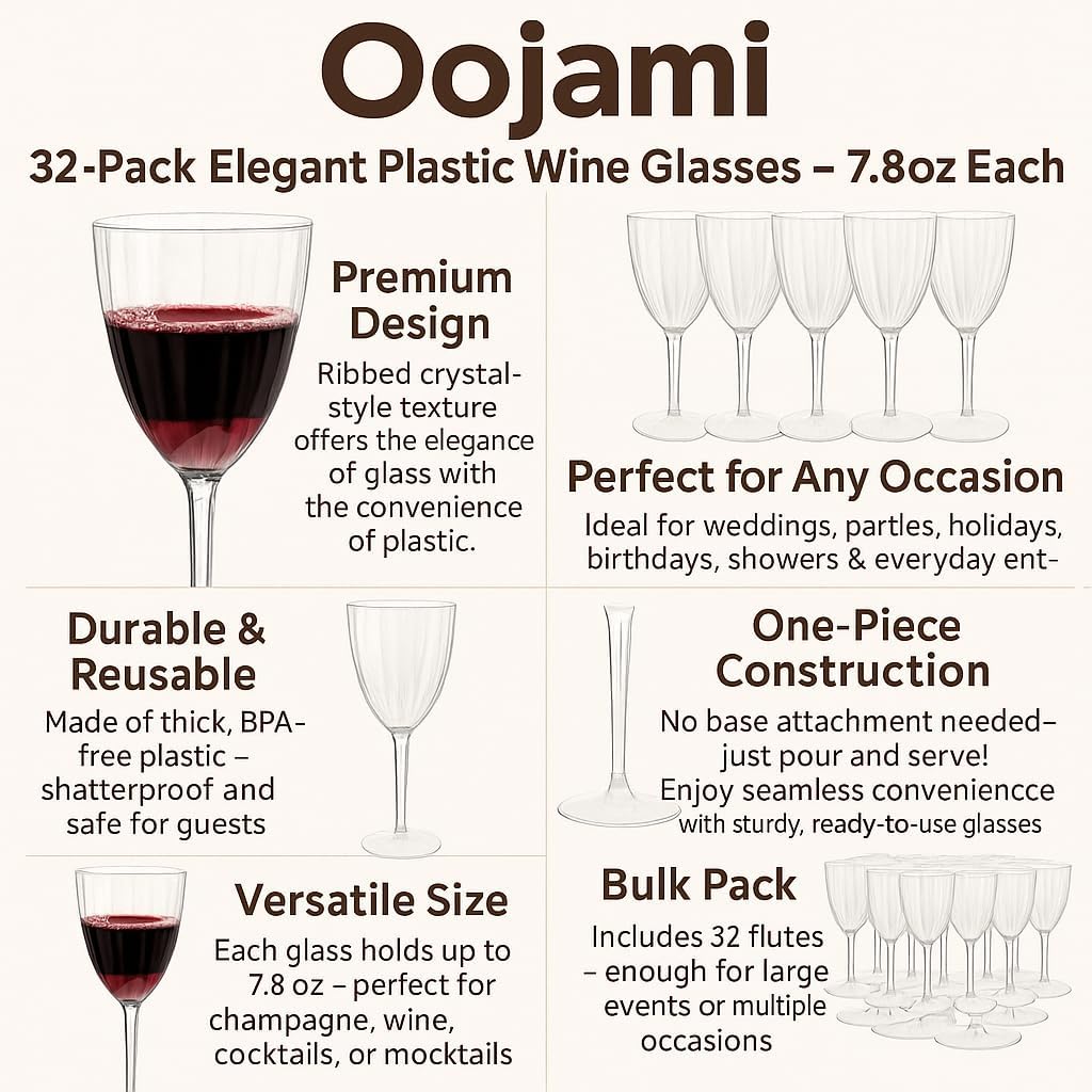 Oojami Elegant Plastic Champagne Flutes - 32 PCS, 7.8oz Disposable & Reusable Wine Glasses - Perfect for Home, Parties, Weddings, Birthdays & Celebrations (32, Clear)