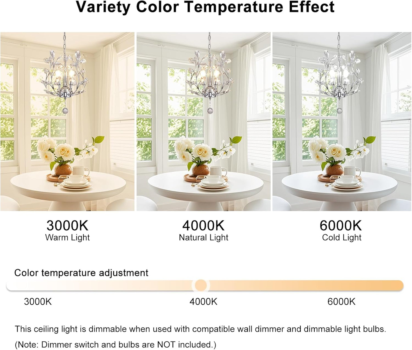 Ganeed 3-Light Branch Crystal Chandelier, Small Flush Mount Vintage Pendant Hanging Lighting, K9 Crystal Farmhouse Ceiling Light for Dining Room Bedroom Living Room Kitchen Hallway, Chrome Silvery