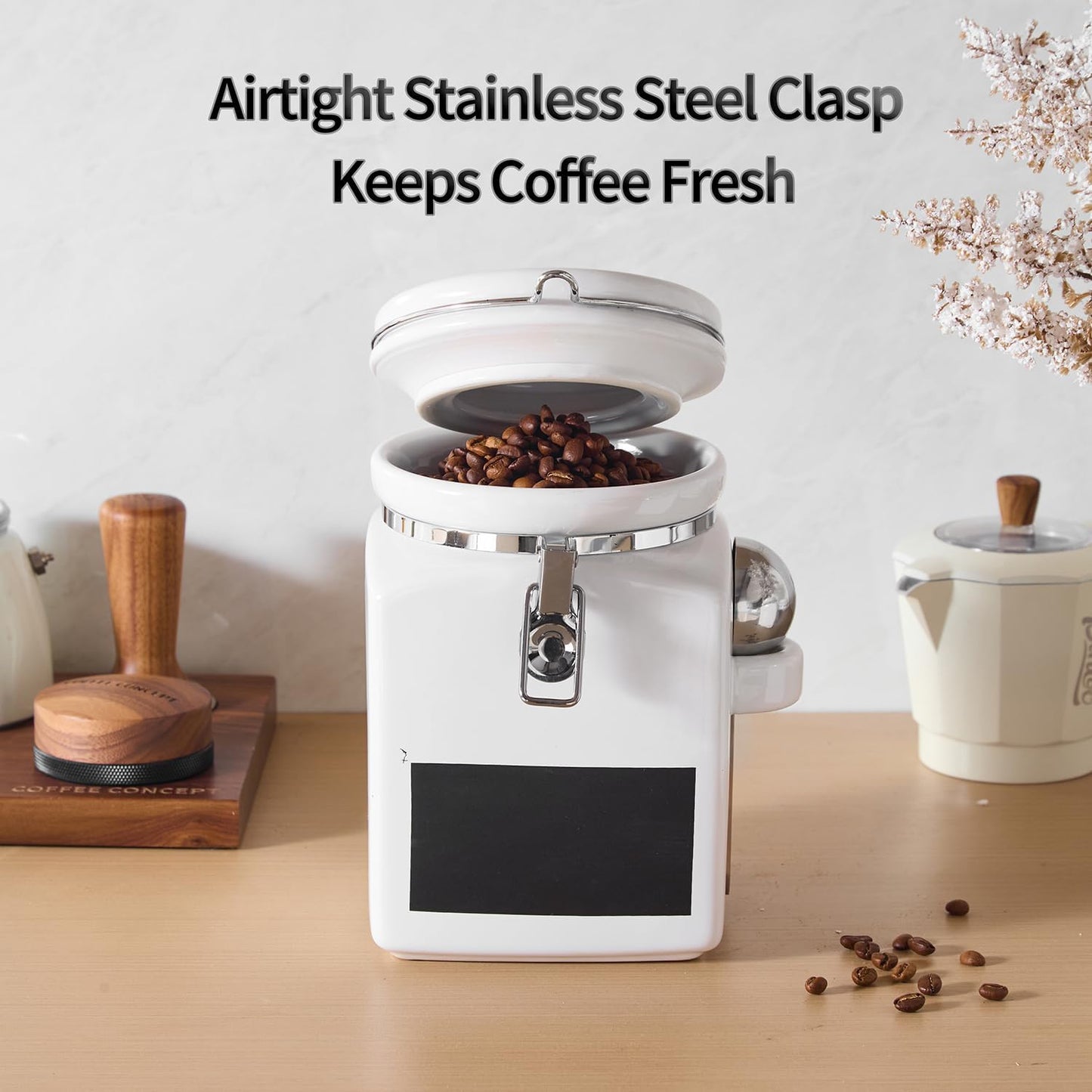 Ceramic Coffee Canister with Airtight Lid and Scoop, Large 78 Fl Oz / 2.3 L Kitchen Food Storage Container Jar for Grounds Coffee, Beans, Tea, Sugar, Flour, Cereal, Nuts, Cookie, White