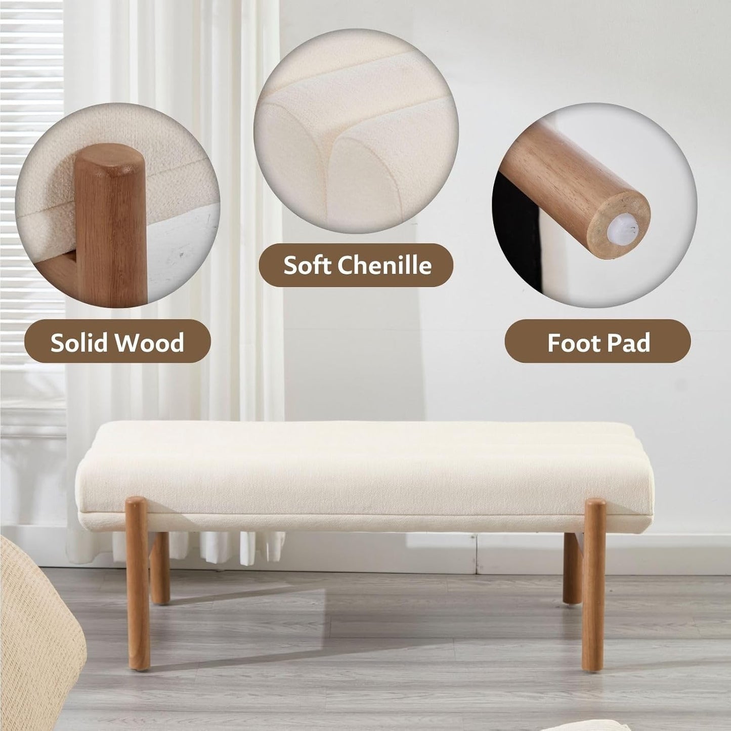White Modern Bench Upholstered End of Bed Bench Chenille Fabric Bedroom Bench for Entryway Living Room Vanity Makeup Room, 47" Long, Wooden Legs