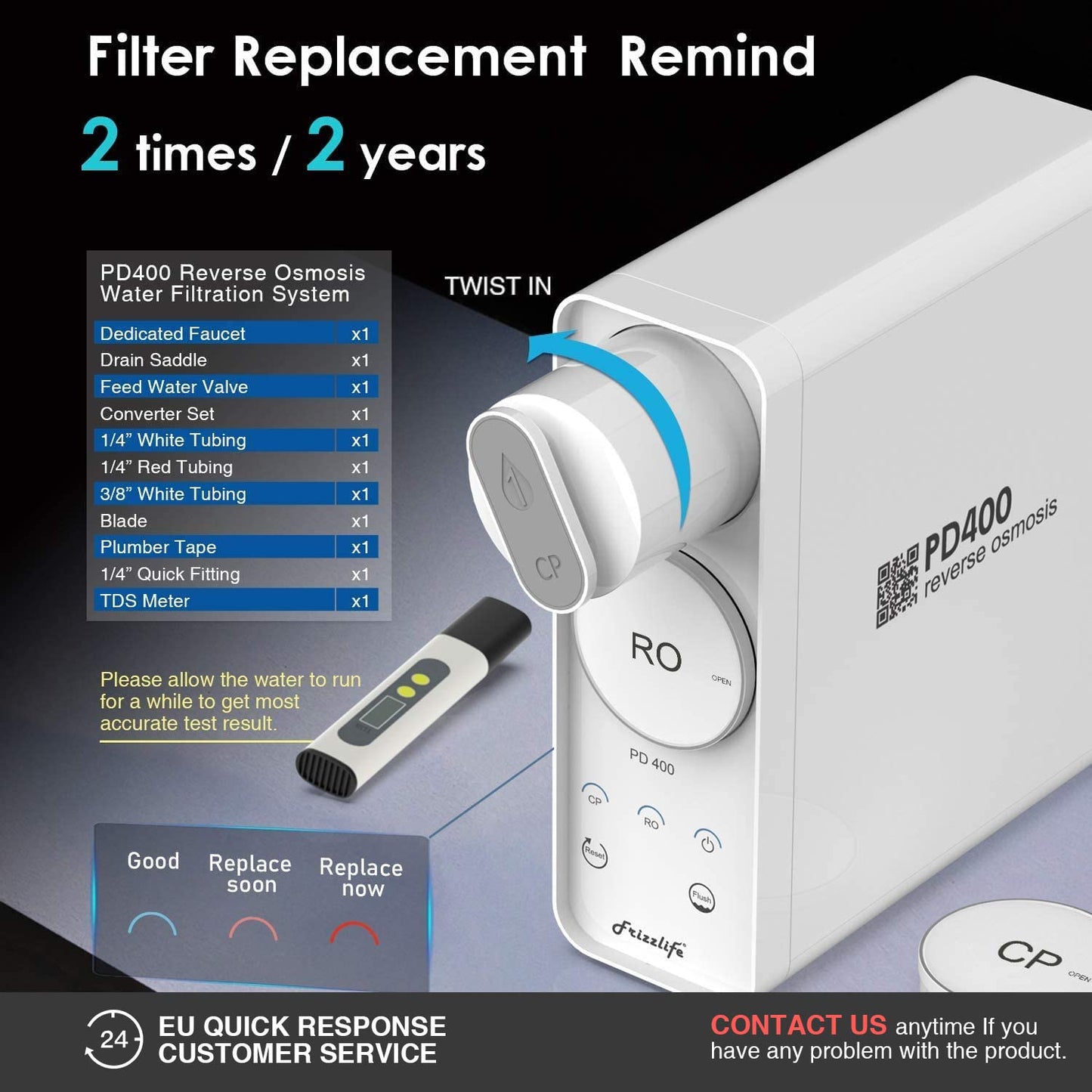 Frizzlife Reverse Osmosis System - Tankless 400 GPD Drinking Water Filtration System, Quick Twist Under Sink RO Filter - 1.5 : 1 Pure to Drain - Reduce TDS, Compact Footprint, USA Tech Support, PD400